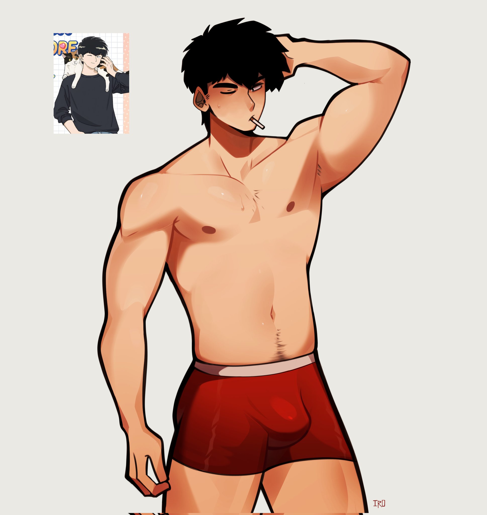 arm up, armpits, black hair, blushing, bulge, bulge through underwear, cigarette, ganbare! nakamura-kun!!, gay, gay male, go for it nakamura, go for it, nakamura-kun!!, hand on head, happy trail, male, male only, no te rindas nakamura!!, otogiri sou, red underwear, smoking, smoking cigarette, sole male, solo, soyeliro, teacher, underwear, underwear only, yaoi