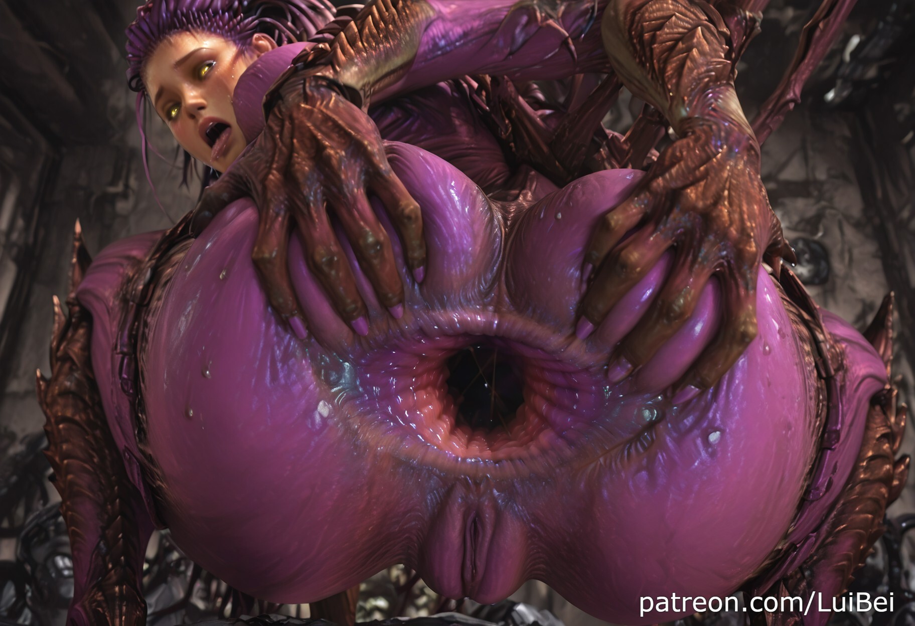 1girl, absurdres, ahegao, ai generated, anime style, anus, anus focus, armor, ass focus, biomechanical, breasts, close up, detailed anus, detailed background, detailed face, digital art, exoskeleton, female, female only, from behind, from below, gaping, gaping anus, glossy skin, glowing eyes, hands on ass, highres, huge ass, huge breasts, huge gape, large breasts, long hair, lui bei, oiled skin, open mouth, organic armor, purple hair, purple skin, queen of blades, realistic, sarah kerrigan, shiny skin, solo, solo female, spread anus, spread pussy, squatting, starcraft, starcraft 2, sweat, sweatdrop, tentacle hair, thick thighs, tongue, uncensored, viewed from below, wet, yellow eyes, zerg