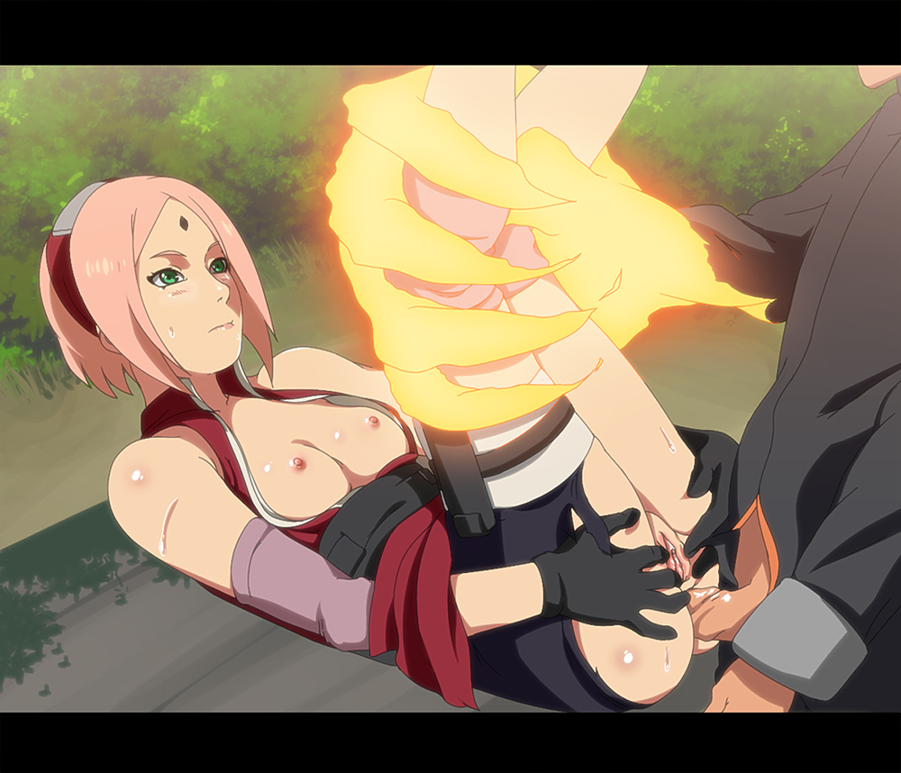 1boy, 1girls, anal, anal sex, areolae, ass spread, blush, breasts, breasts out, claw, clothed sex, elbow pads, female, forehead mark, forehead protector, forest, gloves, green eyes, hair band, holding legs, knee pads, kurama, laying back, legs up, male, missionary position, naruto, naruto (series), naruto: the last, nipples, on table, open clothes, outdoors, pink hair, pussy, ripped clothing, sakura haruno, sex, short hair, small breasts, sweat, sweatdrop, uzumaki naruto