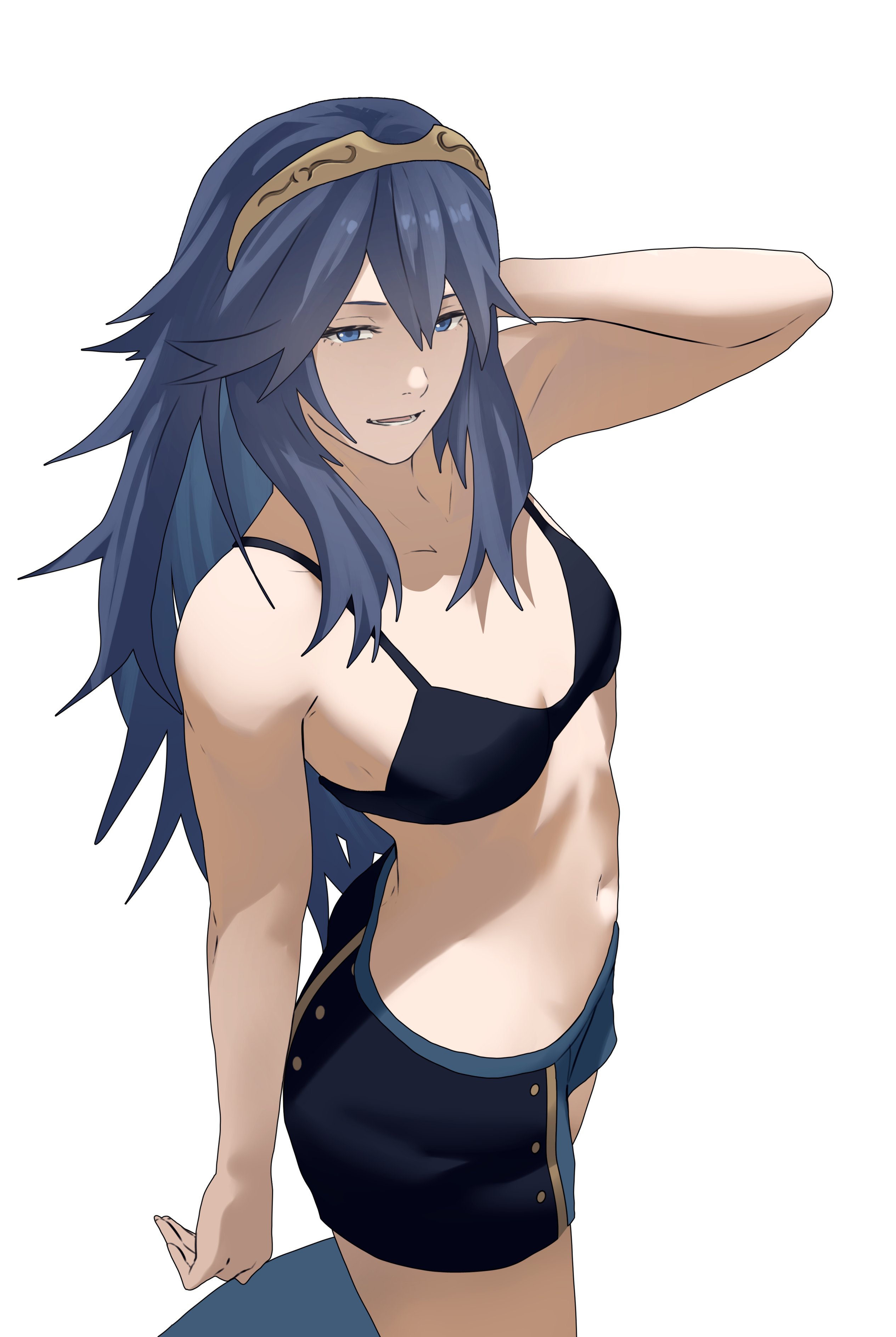 1girl, 1girls, absurdres, arm behind head, arm up, armpits, ass, bare arms, bare shoulders, big ass, black bra, blue eyes, blue hair, bra, breasts, collarbone, female, female only, fire emblem, fire emblem awakening, gold tiara, hair between eyes, hand in own hair, highres, light-skinned female, long hair, looking at viewer, lucina (fire emblem), navel, nintendo, open mouth, pomelomelon, simple background, small breasts, smile, solo, solo female, solo focus, stomach, thighs, tiara, underwear, very long hair, white background