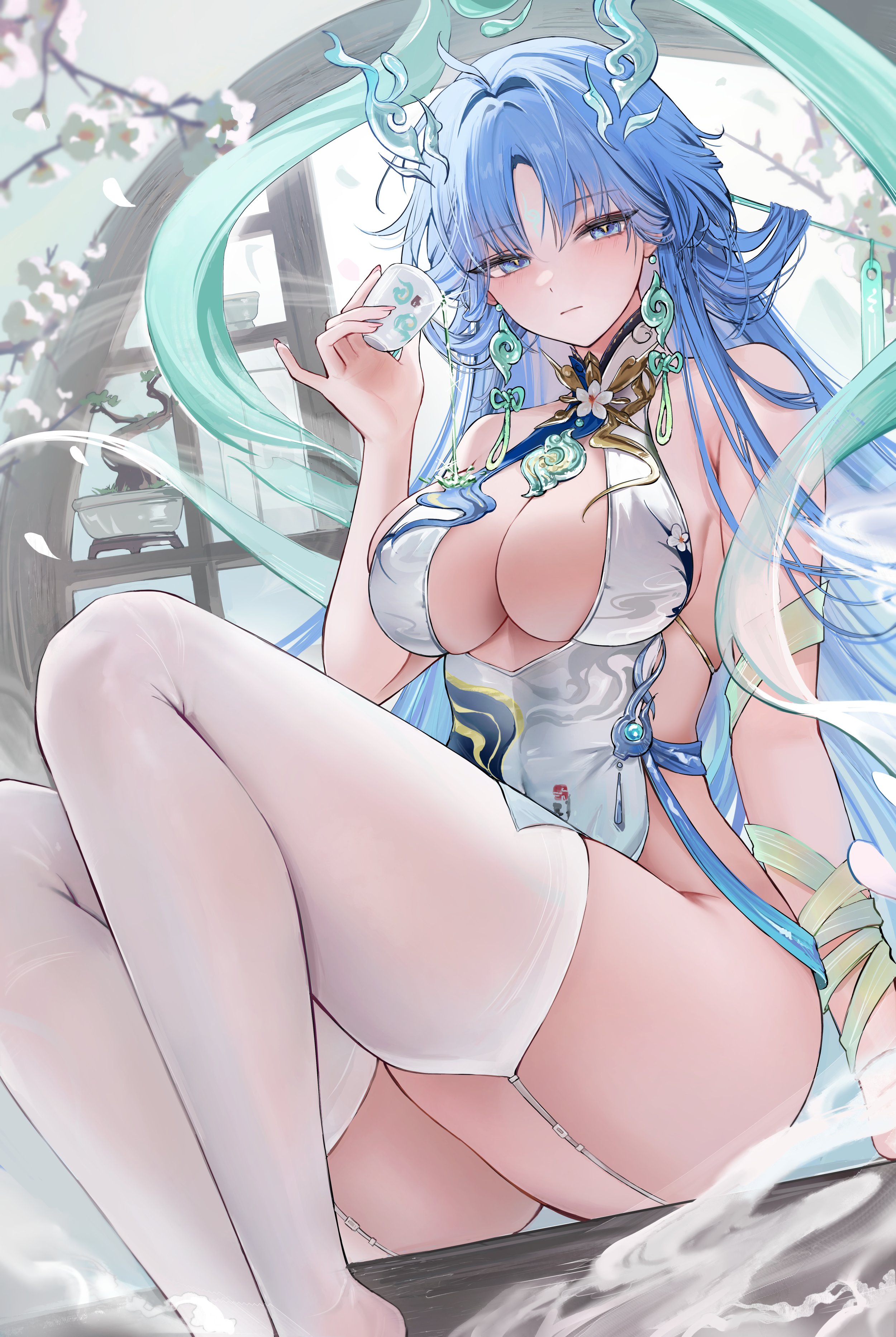 1girls, big breasts, blue eyes, blue hair, breasts, breasts out, chinese clothes, chinese dress, dress, female, large breasts, long hair, qingxiao (wuthering waves), thighhighs, very long hair, white dress, white thighhighs, wuthering waves, zije