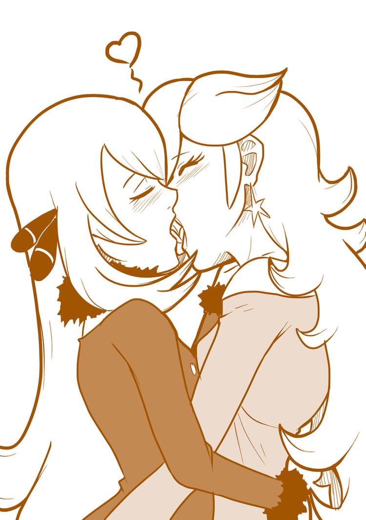 2girls, blonde, blonde female, blonde hair, blonde-haired female, blush, crossover, cynthia (pokemon), earrings, female, french kiss, game freak, kissing, long hair, mario (series), monochrome, nintendo, pokemon, pokemon champion, pokemon dppt, princess rosalina, source request, super mario galaxy, tongue, tongue kiss, yuri