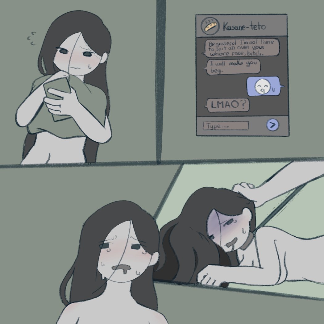 collar, fantasizing, grabbing, imagining, kasane teto, leash, leash and collar, leash pull, leashed collar, nervous, peg da dog (artist), phone, pulling hair, sex, synthesizer v, tagme, text bubble, yi xi (synthesizer v)