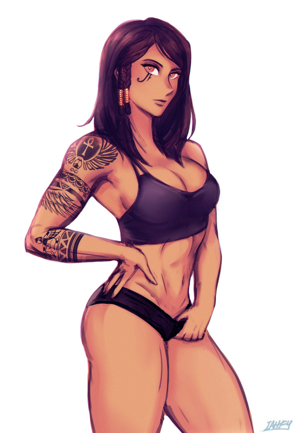 1girls, breasts, cleavage, dark skin, dark-skinned female, female, female only, iahfy, looking at viewer, overwatch, pharah, softcore, solo, tattoo