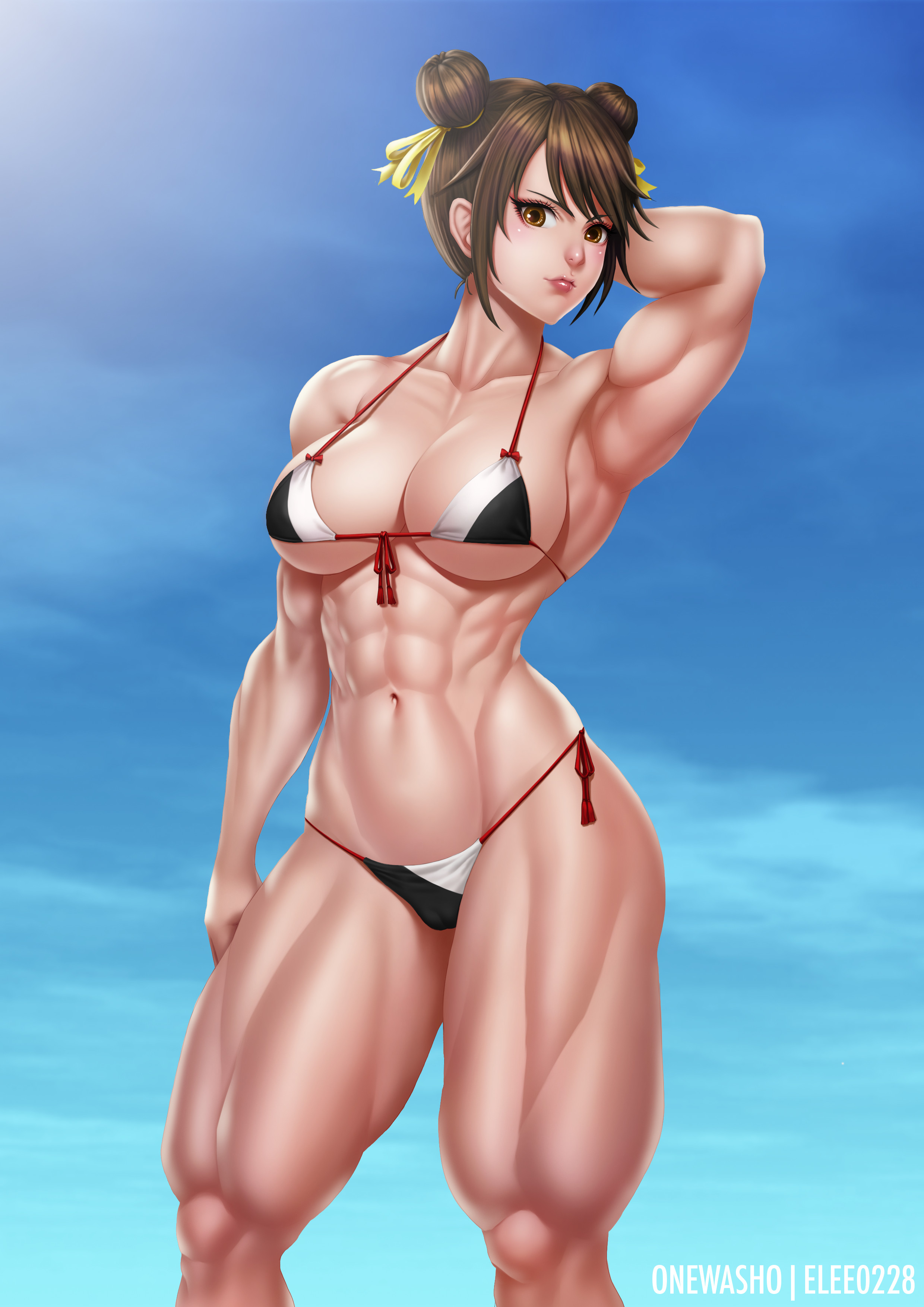1girls, big breasts, bikini, breasts, chun-li, cleavage, elee0228, extreme muscles, female, female only, large breasts, looking at viewer, muscles, muscular, muscular female, onewasho, solo, street fighter
