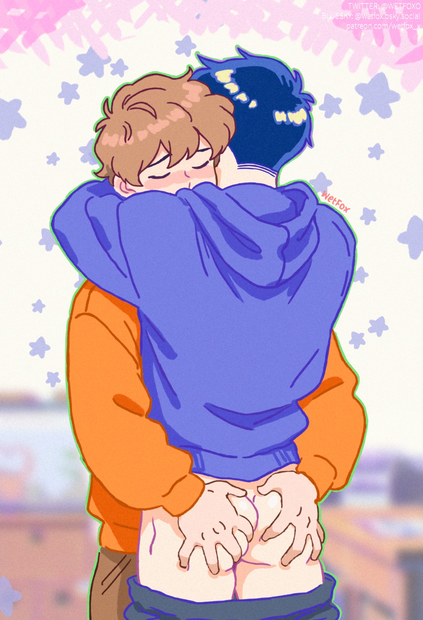 2boys, ai assisted, ai generated, blue hair, blue sweater, blushing, brown hair, classmates, classroom, closed eyes, friends, gay, go for it, nakamura-kun!!, grabbing ass, hirose aiki, hugging, nakamura okuto, no underwear, orange sweater, pants down, shipping, smaller dom larger sub, wetfoxo