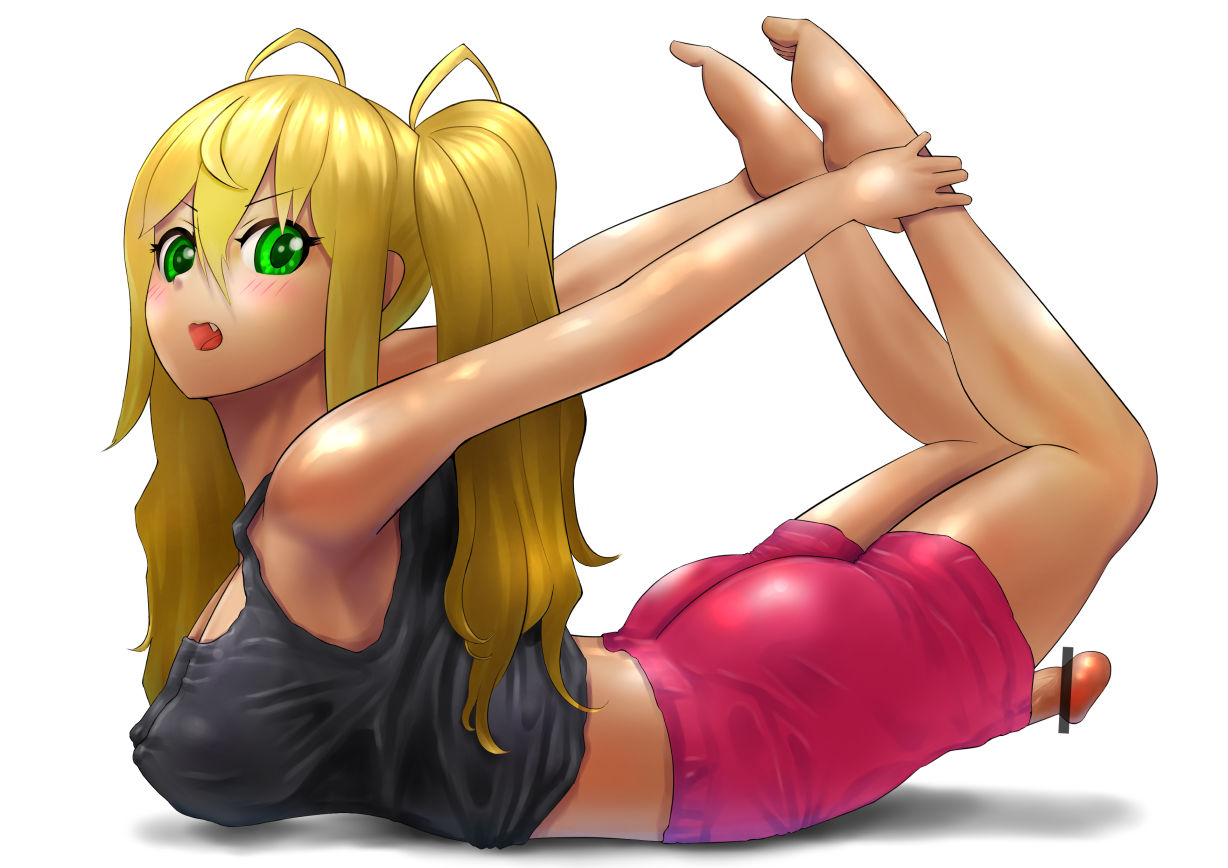 1futa, ass, balls, balls bulge, balls under clothes, barefoot, blonde hair, breasts, cameltail, censored, cleavage, curvy, dark skin, dumbbell nan kilo moteru?, erect nipples, erection, erection under clothes, exposed, exposed penis, futa only, futa sans pussy, futanari, green eyes, human only, intersex, large breasts, long hair, nipple bulge, nipples, penis, penis bulge, penis out, penis through leghole, penis under clothes, ponytail, sakura hibiki, shorts, stretching, wardrobe malfunction, yoga