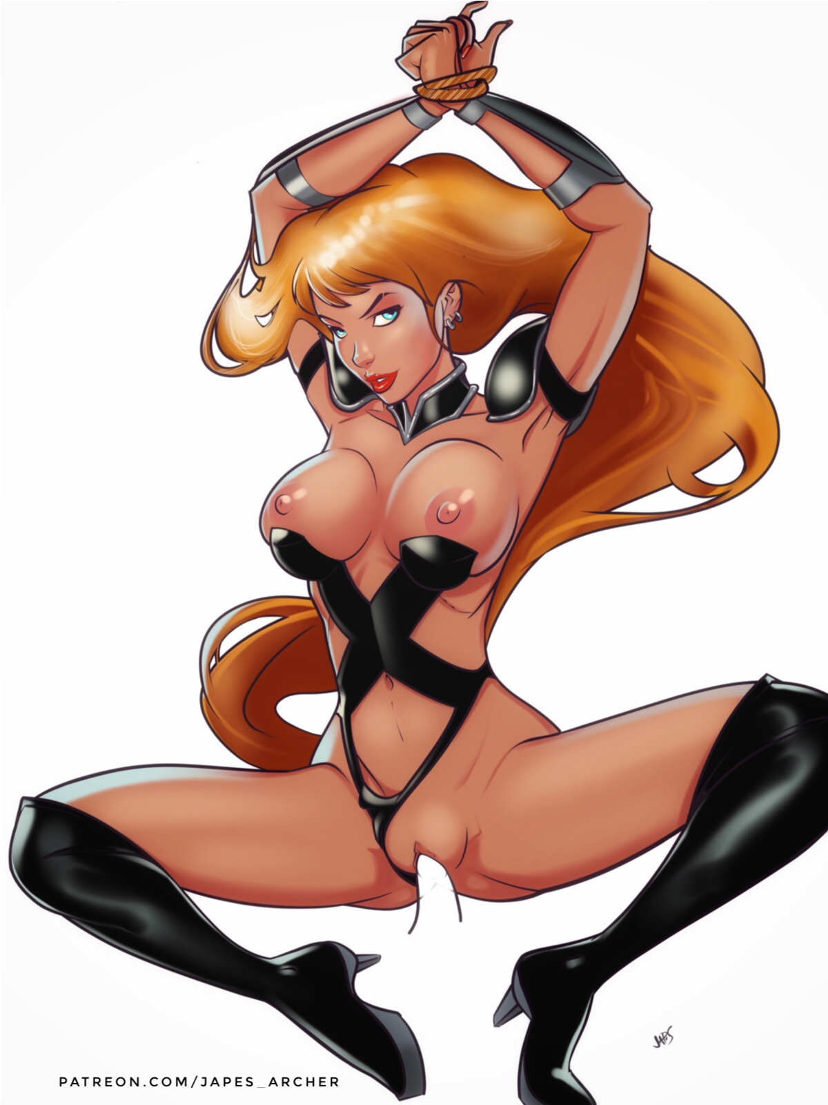 1boy, 1girls, arms above head, blank censor, blonde hair, blue eyes, breasts, breasts out, celebrity, censored, earrings, female, japes, lipstick, long hair, male, penis, pinup, pussy, real person, restrained, solo, straight, super taylor, superheroine, taylor swift, thigh boots, unseen male face, vaginal penetration