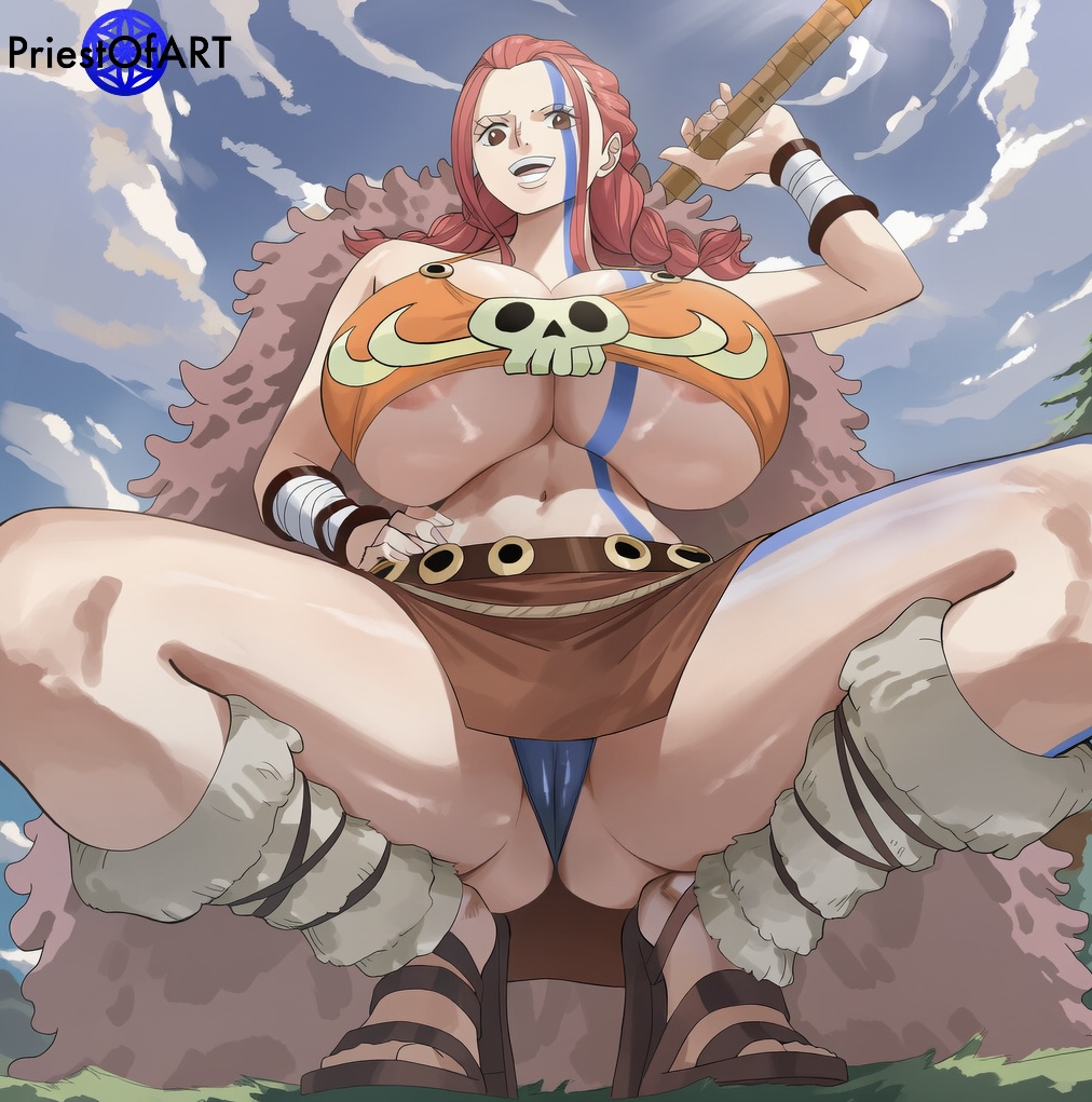 1girls, ai generated, areola slip, big breasts, braids, busty, cameltoe, cape, crop top, curvy, day, female, female only, from below, huge breasts, narrow waist, one piece, outdoors, pink hair, priestofart, red hair, red-haired female, ripley (one piece), shiny, skirt, smile, solo, solo female, spread legs, squatting, tattoo, watermark