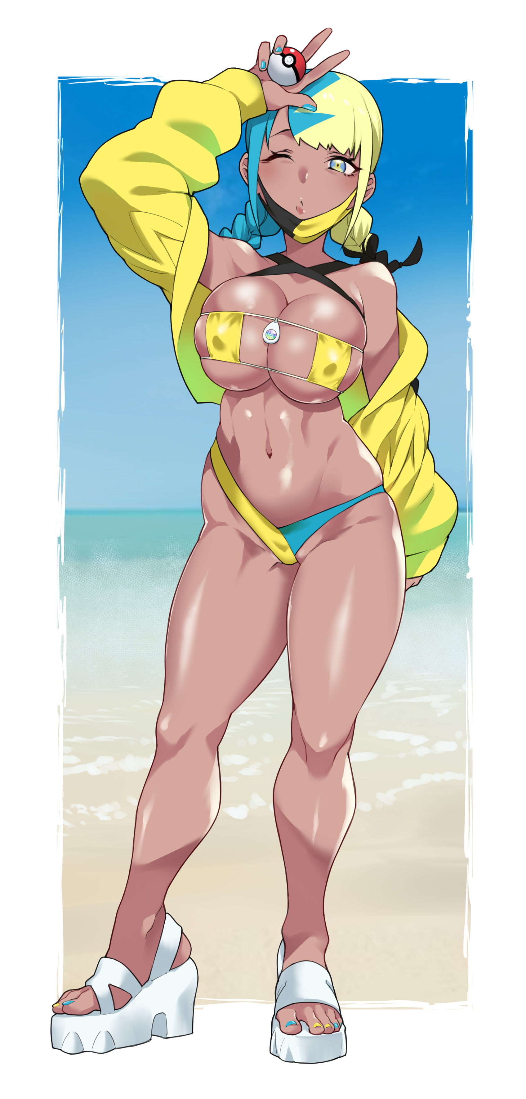 1girls, bikini, blonde hair, blue nails, breasts, canari (pokemon), canary (pokemon), dark skin, dark-skinned female, eyepatch bikini, feet, gold bikini, huge breasts, looking at viewer, mask, mouth mask, multicolored hair, nail polish, nintendo, pokemon, pokemon legends: z-a, skindentation, solo, swimsuit, toenail polish, toes, twintails, two-tone hair, yellow bikini, yellow nails