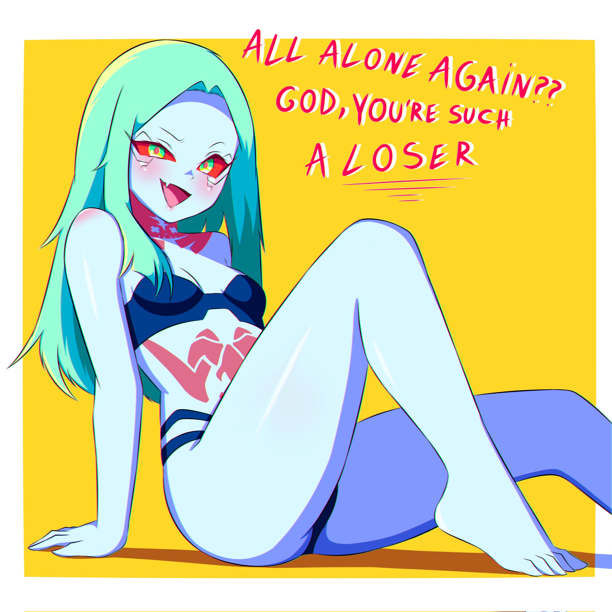 1girls, b1iz4rd, bare legs, blue skin, brat, bratty, cyberpunk: edgerunners, fang, female, green hair, legs, long hair, rebecca (edgerunners), red eyes, small breasts, smug, solo, taunting, underwear