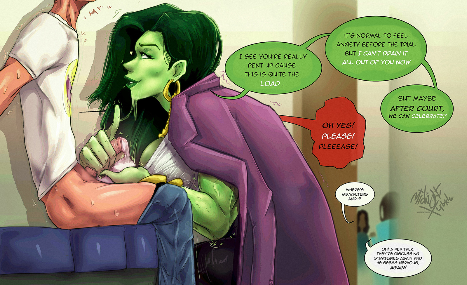 avengers, blowjob, cum on face, filled condom, jennifer walters, male, marvel, marvel comics, midnightxlibido, she-hulk, she-hulk: attorney at law, used condom, watermark