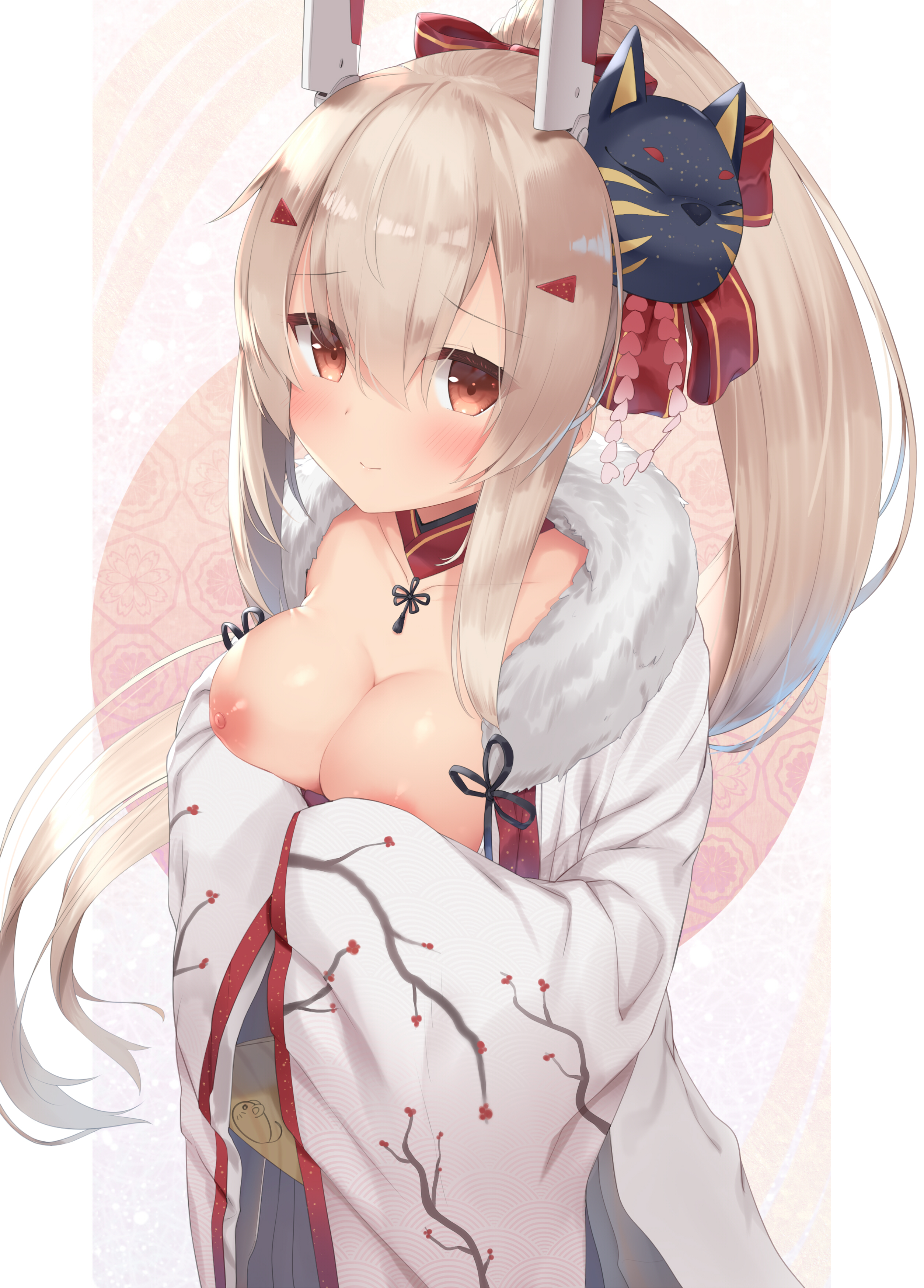 absurdres, alternate breast size, ayanami (azur lane), azur lane, blush, bow, breasts, breasts out, brown eyes, cat mask, closed mouth, fanbox reward, female, floral print, fujieda uzuki, fur trim, fur-trimmed coat, hair ornament, hairbow, hairclip, highres, japanese clothes, kimono, large breasts, light brown hair, long hair, long sleeves, looking at viewer, mask, mask on head, new year, nipple slip, nipples, paid reward, ponytail, print kimono, red bow, sleeves past fingers, sleeves past wrists, smile, solo, striped, striped bow, upper body, very long hair, white kimono, wide sleeves