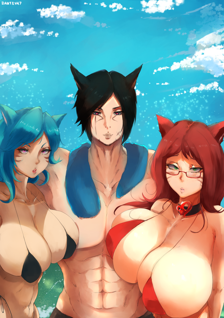 artist_name beach bikini black_hair blue_hair cat_ears catboy catgirl color commission curvy daeriion_aeradiir dantev47 final_fantasy final_fantasy_xiv fit freckles glasses green_eyes huge_breasts hugging large_breasts long_hair maria_arvana miqo'te purple_eyes red_hair selfie short_hair shorts simple_background tan tedoseirum_resanoca trio violet_eyes