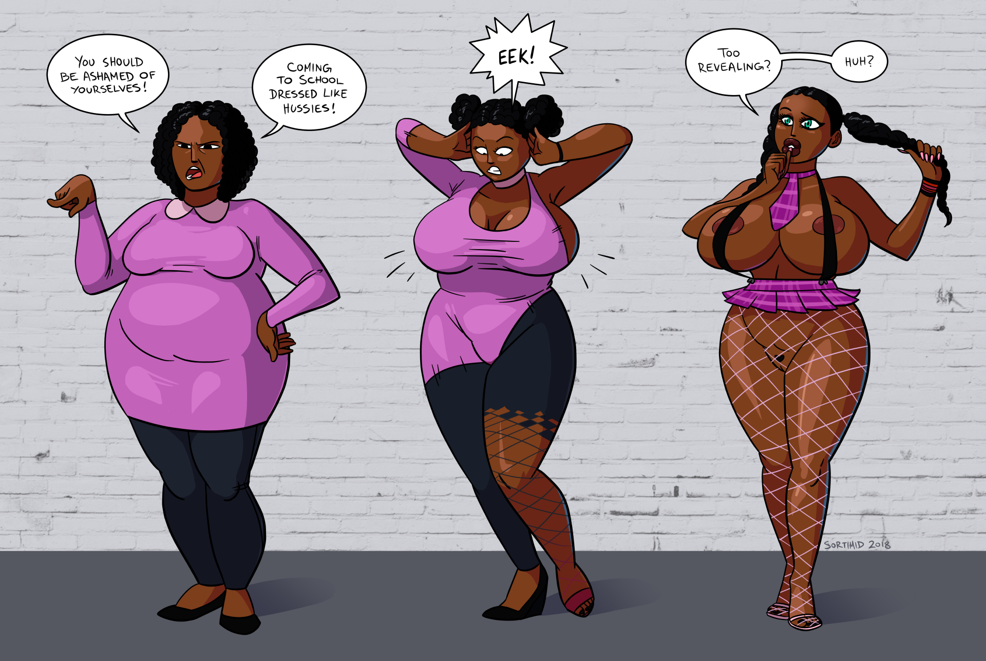 2018, bbw, bimbo, bimbofication, black hair, breast expansion, breast growth, breast growth (enlargement), breasts, dark skin, dark-skinned female, dialogue, digital media (artwork), fat, female, female only, fishnets, hi res, high heels, high resolution, highres, large breasts, open toe shoes, original, purple clothing, school uniform, sequence, signature, sortimid, speech bubble, tagme, teacher, text, transformation, twintails