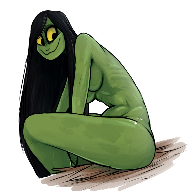 1girls, black hair, breasts, color, female, female only, green body, green skin, hair, keadonger, long hair, monster, monster girl, nude, scp foundation, scp-811, sideboob, solo, wet, yellow sclera