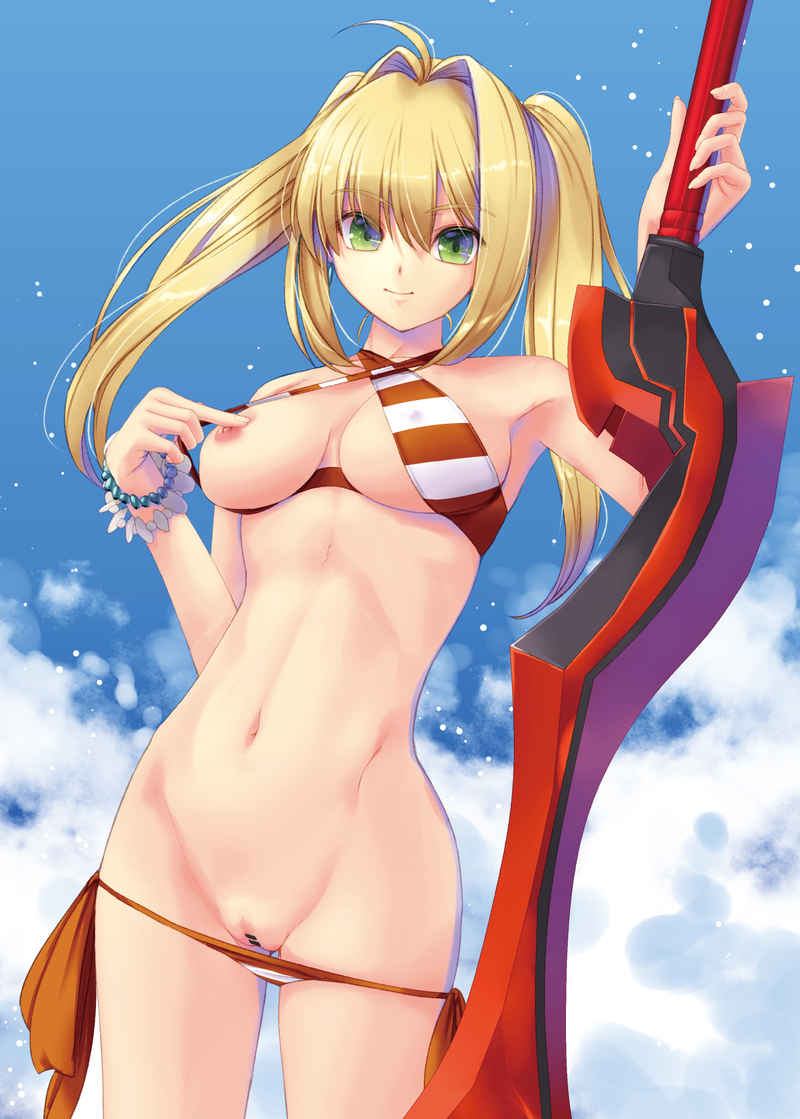 ahoge, bikini, bikini pull, blue sky, breasts, censored, cloud, covering nipples, cowboy shot, criss-cross halter, fate (series), fate/grand order, female, green eyes, hair intakes, halter top, halterneck, kirishima satoshi, medium breasts, navel, nero claudius (fate), nero claudius (swimsuit caster), nipples, outdoors, pussy, red bikini, side-tie bikini, sky, smile, solo, striped, striped bikini, striped swimsuit, swimsuit, tied hair, twintails, vagina