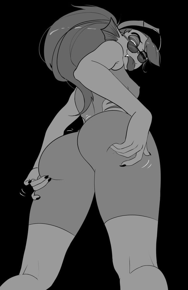 ass, breasts, clothed, cute fang, deltarune, ear fins, fang, female, haaru, hat, holding ass, long hair, looking back, nipple bulge, police, police hat, police uniform, policewoman, ponytail, presenting, presenting hindquarters, sideboob, smug smile, solo, standing, sunglasses, teasing viewer, thick thighs, tongue, tongue out, undertale, undyne, worm's-eye view