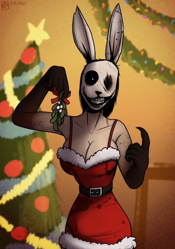 1girls breasts christmas cleavage female female_only furry keadonger looking_at_viewer mistletoe monster_girl nightmare_fuel santa_dress scp-1903 scp_foundation