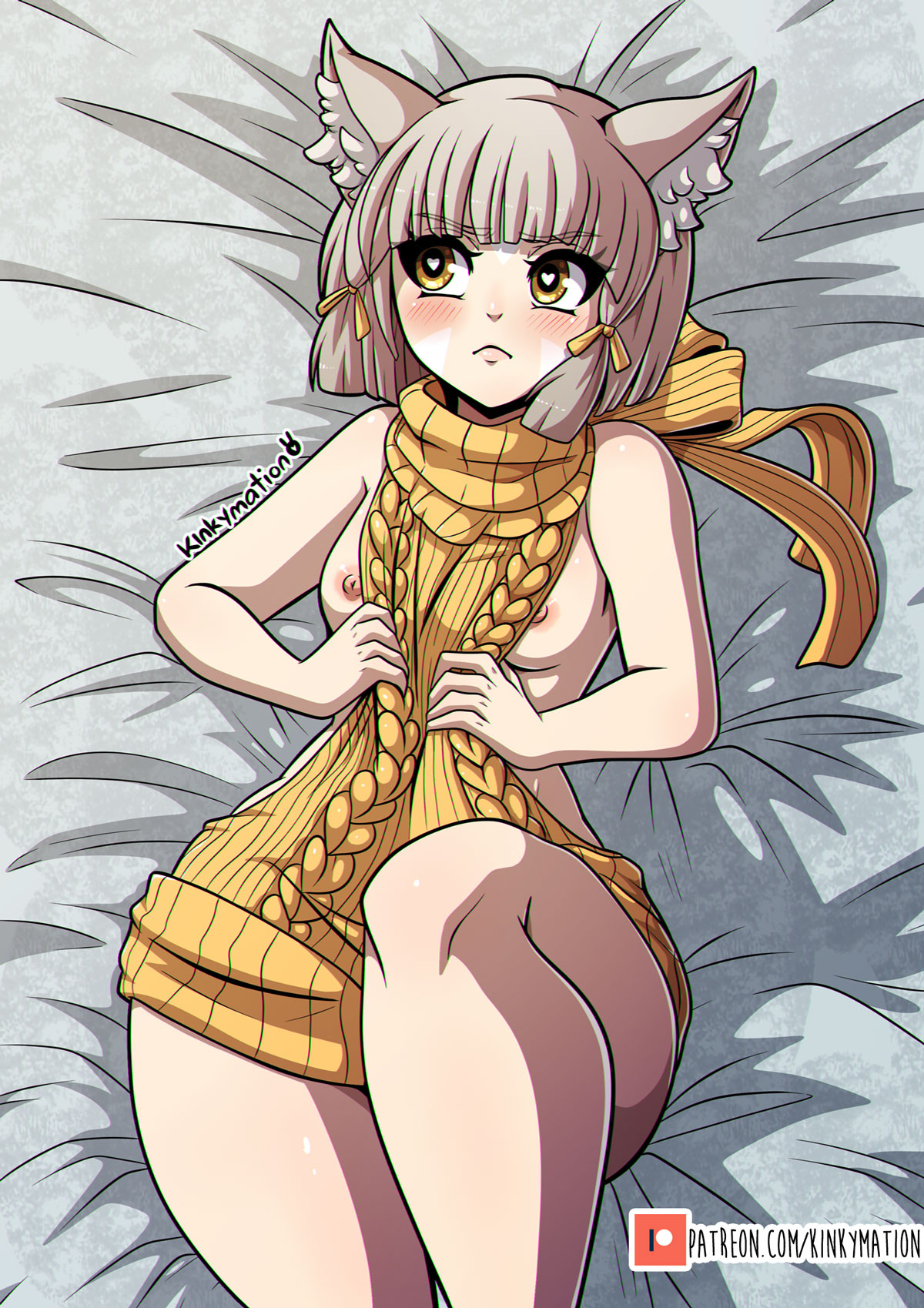 breasts, cat ears, female, female only, heart-shaped pupils, kinkymation, lying on back, nia, nintendo, nipples, pinup, shirt pull, sideboob, symbol-shaped pupils, thick thighs, virgin killer sweater, xenoblade (series), xenoblade chronicles 2, yellow eyes