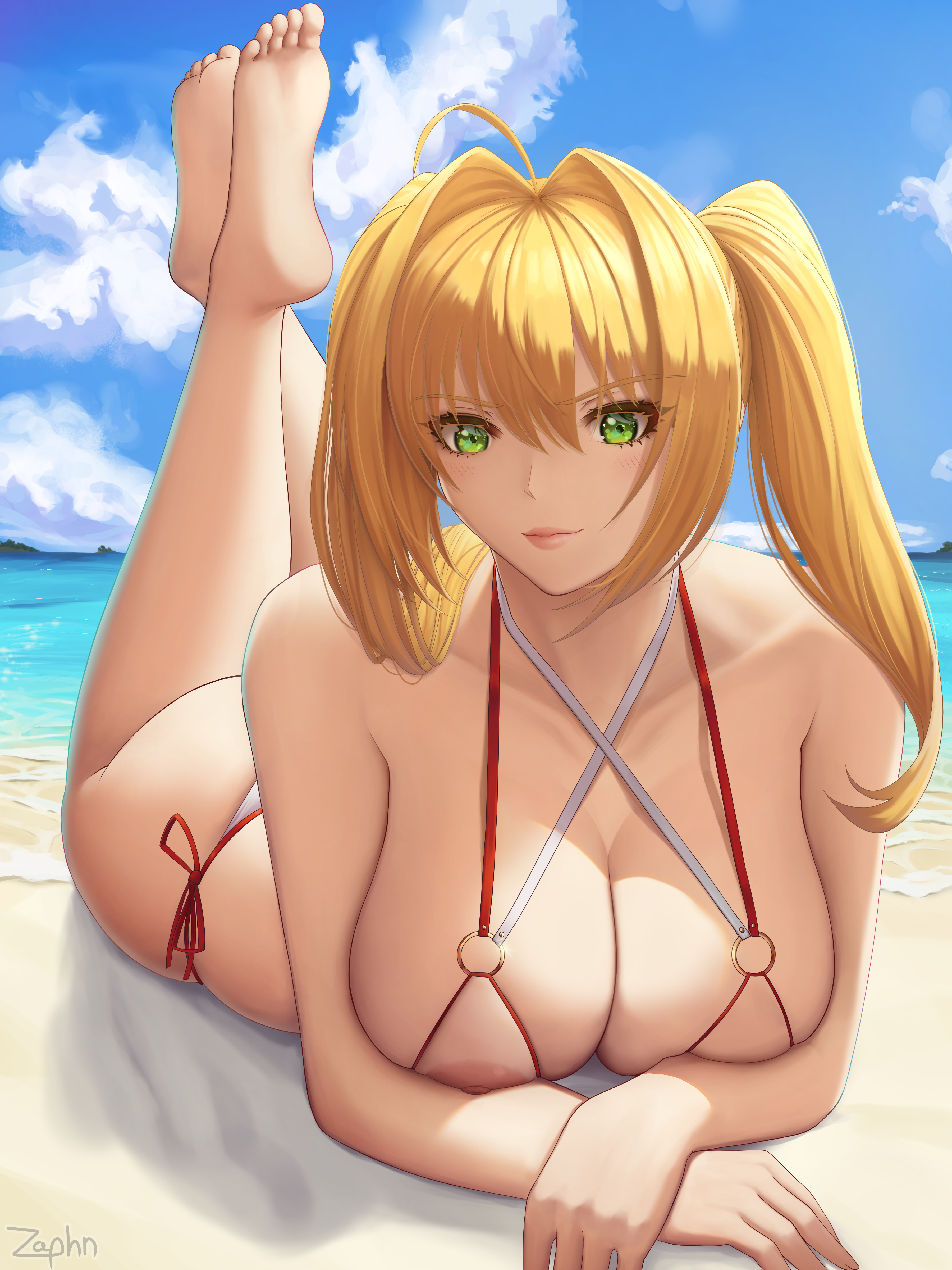 ahoge, ass, bangs, bare shoulders, beach, bikini, blonde hair, breasts, cleavage, cloud, eyebrows visible through hair, fate (series), fate/grand order, feet, female, green eyes, hair between eyes, high resolution, large breasts, large filesize, legs up, long hair, looking at viewer, lying, nero claudius (fate), nipples, o-ring, o-ring bikini, ocean, on stomach, pink lips, sand, side-tie bikini, sky, smile, soles, swimsuit, thighs, tied hair, twintails, very high resolution, water, waves, zaphn