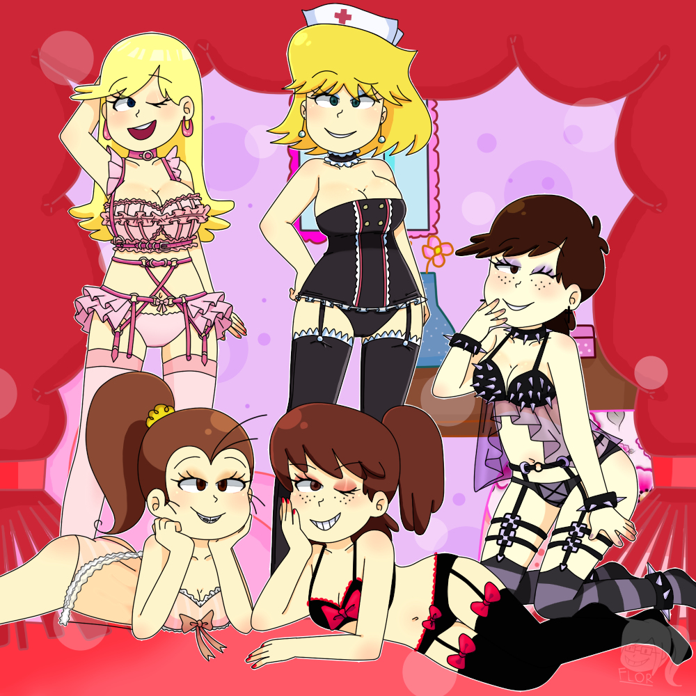5girls, arm up, ass, blonde hair, bow, bra, brown hair, cleavage, female, female only, garter belt, garter straps, happy, harem, leni loud, lingerie, lori loud, luan loud, luna loud, lynn loud, multiple females, multiple girls, nurse, panties, ponytail, pose, posing, siblings, sisters, sitting, spikes, stockings, straight hair, the loud house, thigh highs, thighhighs, wide hips, wink
