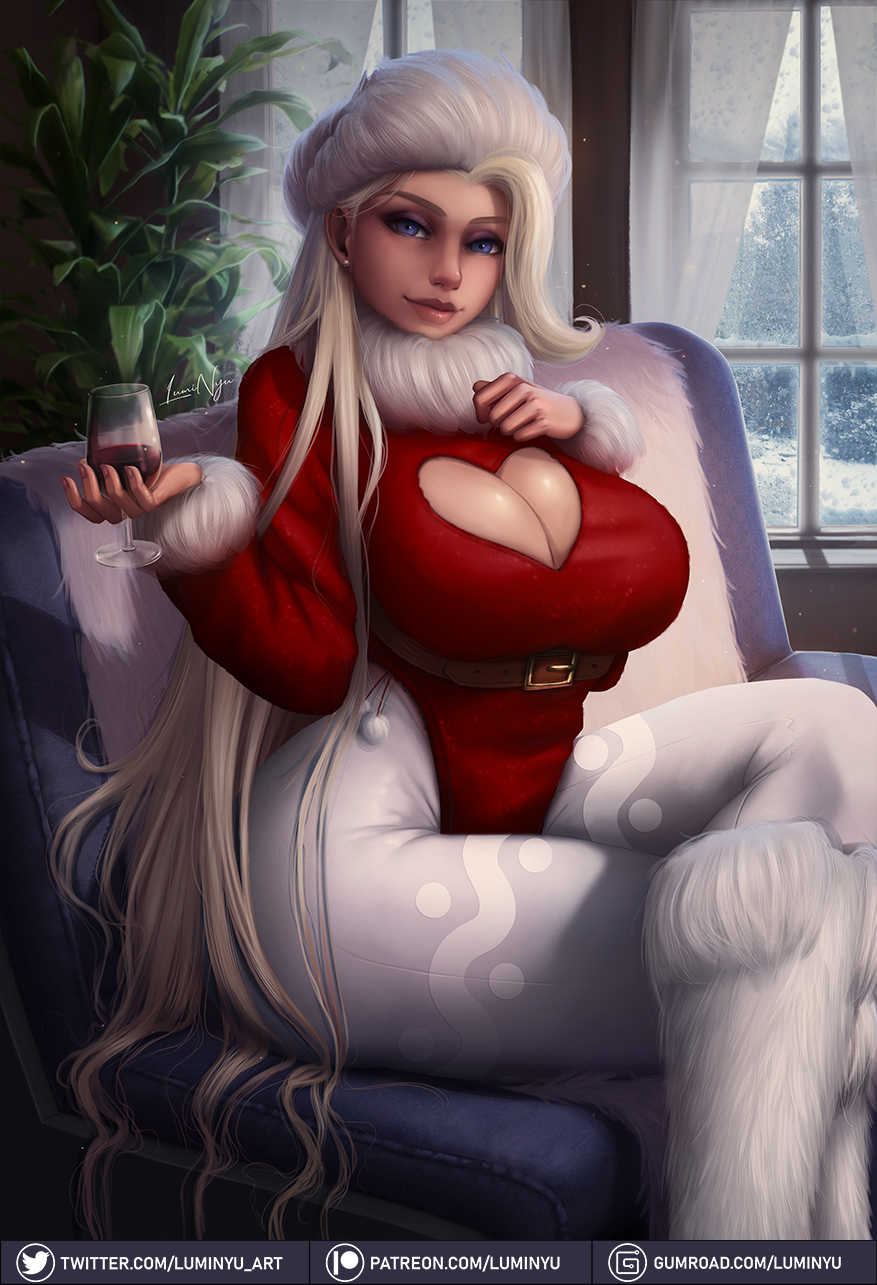 1girls, 2020, alternate breast size, alternate outfit, ass, big ass, big breasts, big butt, blonde female, blonde hair, breasts, christmas, cleavage, cleavage cutout, couch, crossed legs, curvaceous, curvy, cute, female, female focus, female only, fur, hat, heart cutout, hips, huge ass, huge breasts, huge butt, human, human only, large breasts, long hair, looking at viewer, luminyu, mature, melony (pokemon), merry christmas, milf, nintendo, patreon, pokemon, pokemon ss, sitting, smile, smiling, solo, solo focus, text, thick, thick ass, thick thighs, thighs, url, very long hair, voluptuous, watermark, white skin, wide hips, wine, wine glass, yellow hair