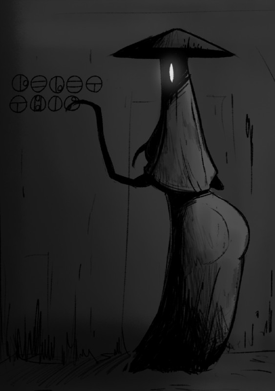 1_eye ambiguous_gender ass big_ass bubble_butt clothing conical_hat glowing_eyes grey_background greyscale monochrome monster robe scp-1730 scp_foundation sketch source_request text writing