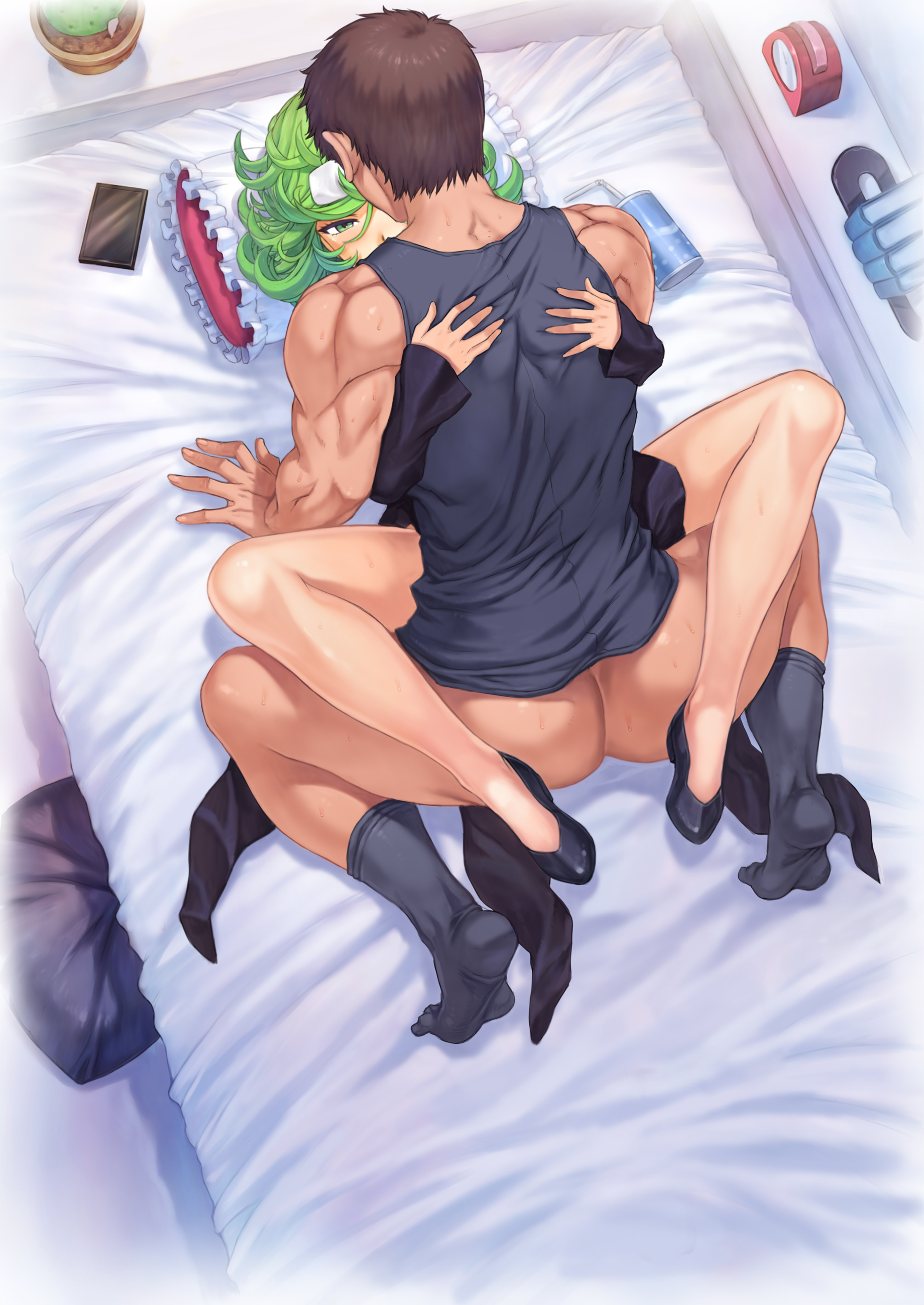 1boy, 1girls, bed, bedroom, bottomless, clothed, clothed sex, embrace, female, femsub, flats, full body, green eyes, green hair, holding, hug, leg lock, legs around partner, looking at viewer, male, male focus, male penetrating, missionary position, mogudan, on back, on bed, one-punch man, partially clothed, pillow, pussy, sex, shoes, spread legs, straight, tatsumaki, vaginal penetration