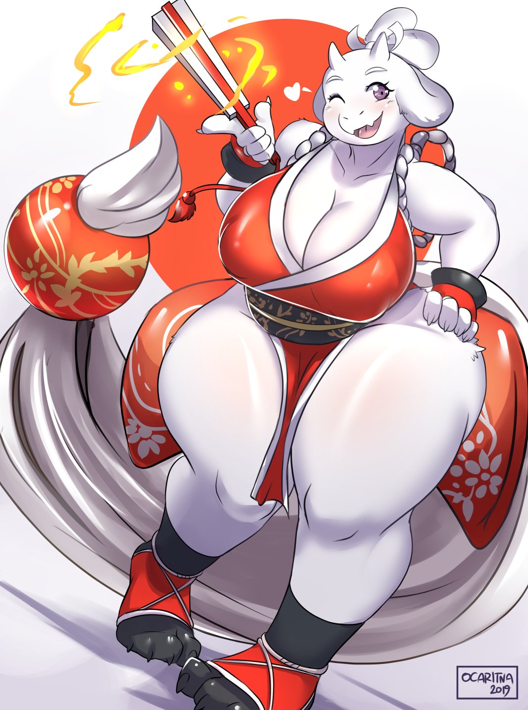 1girls 2020 alternate_costume anthro big_breasts breasts chubby cleavage cosplay fatal_fury female female_only folding_fan furry horns huge_breasts impossible_clothes japanese_clothes king_of_fighters large_breasts mai_shiranui mai_shiranui_(cosplay) ocaritna one_eye_closed revealing_clothes smile thick_thighs thighs_bigger_than_head toriel undertale wink