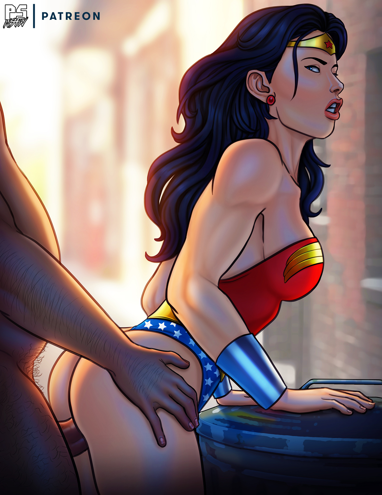 1boy, 1girls, alley, angry, ass, ass grab, black hair, blue eyes, clothed, dc, dc comics, diana prince, earring, earrings, fat male, female, from behind, human, long hair, male, penis, pumpkinsinclair, pussy, questionable consent, sex, shorts aside, straight, superheroine, unseen male face, vaginal penetration, wonder woman, wonder woman (series)