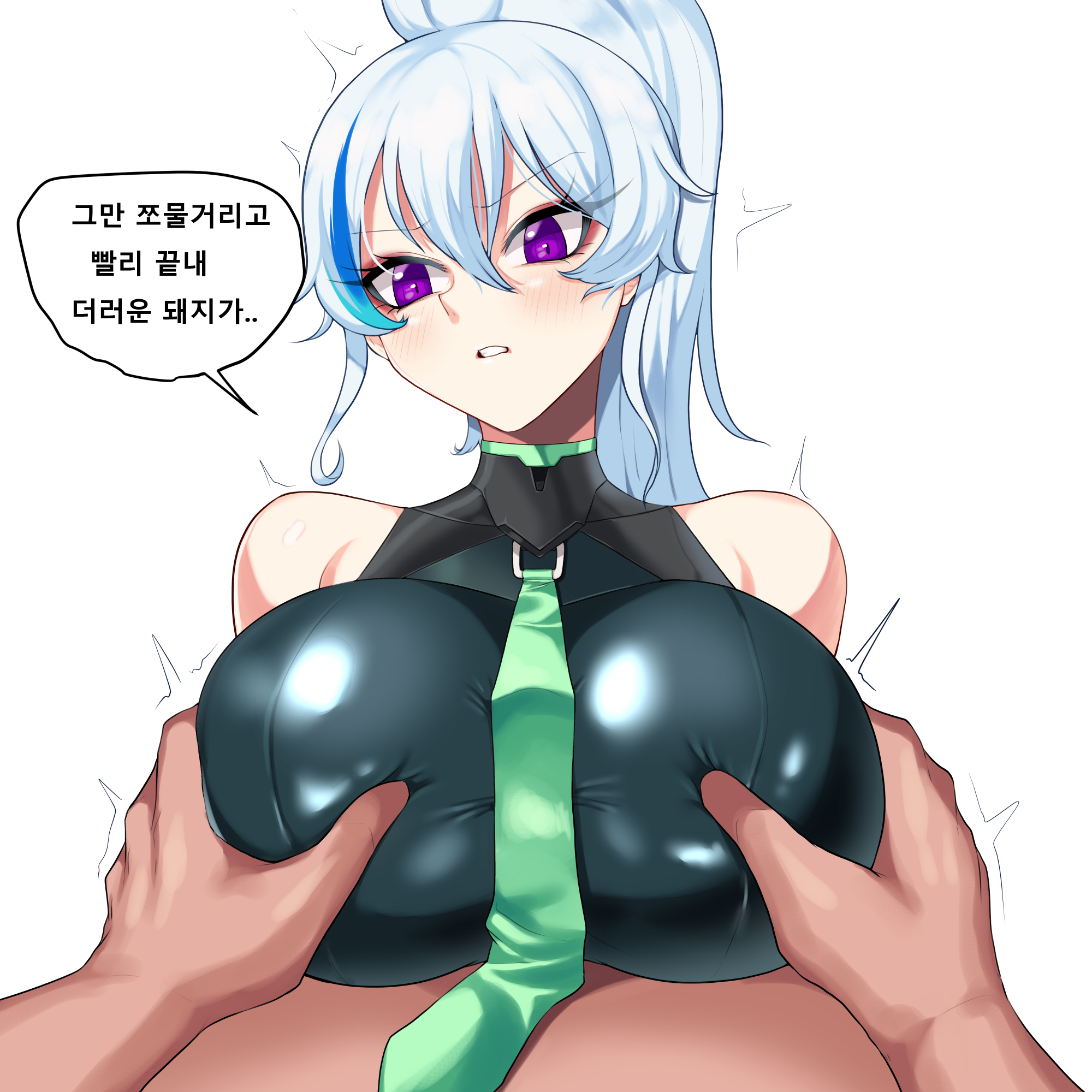 1boy, 1girls, big breasts, breast grab, breasts, ephnel, female, large breasts, looking at viewer, male, paizuri, pov, rad racer, sex, soul worker, speech bubble, straight, text