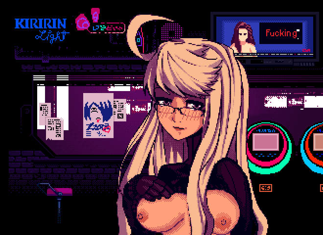 1girls ahoge alma_armas blonde_hair blush breasts breasts_out glasses gloves large_breasts long_hair solo susiesshitart turtleneck va-11_hall-a