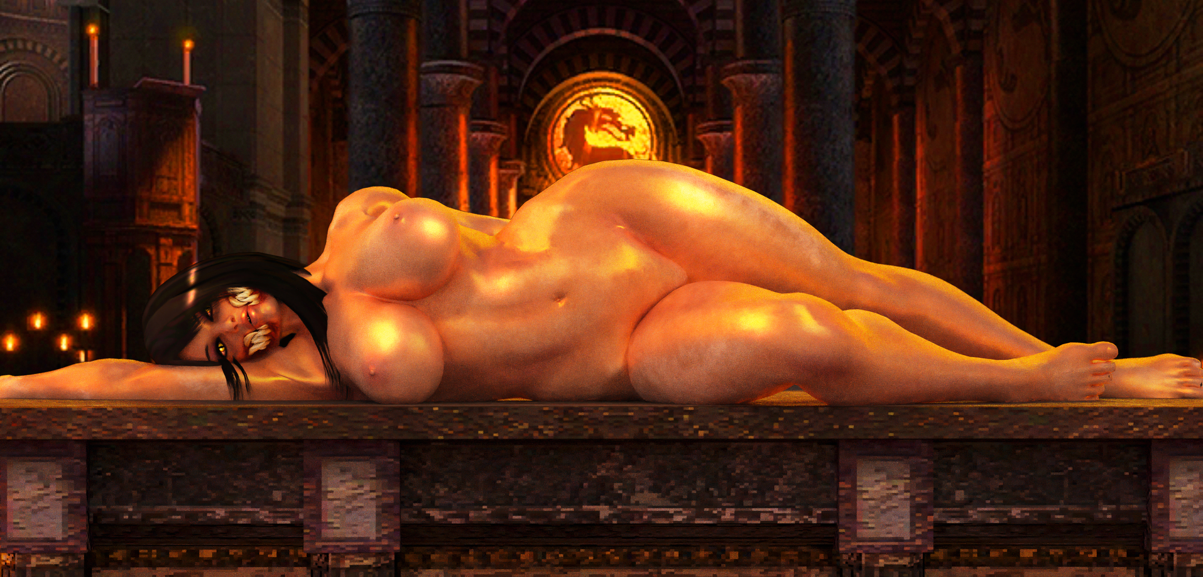 3d, areolae, big breasts, black hair, breasts, busty, curvaceous, curvy, eyelashes, eyeliner, eyeshadow, female, female focus, female only, hourglass figure, large breasts, lipstick, lying, lying down, lying on side, makeup, mascara, mileena, mortal kombat, mortal kombat x, nipples, nude, pinup, pose, posing, pussy, shaved pussy, short hair, solo, tagme, vagina, voluptuous, wide hips, zeroreyko