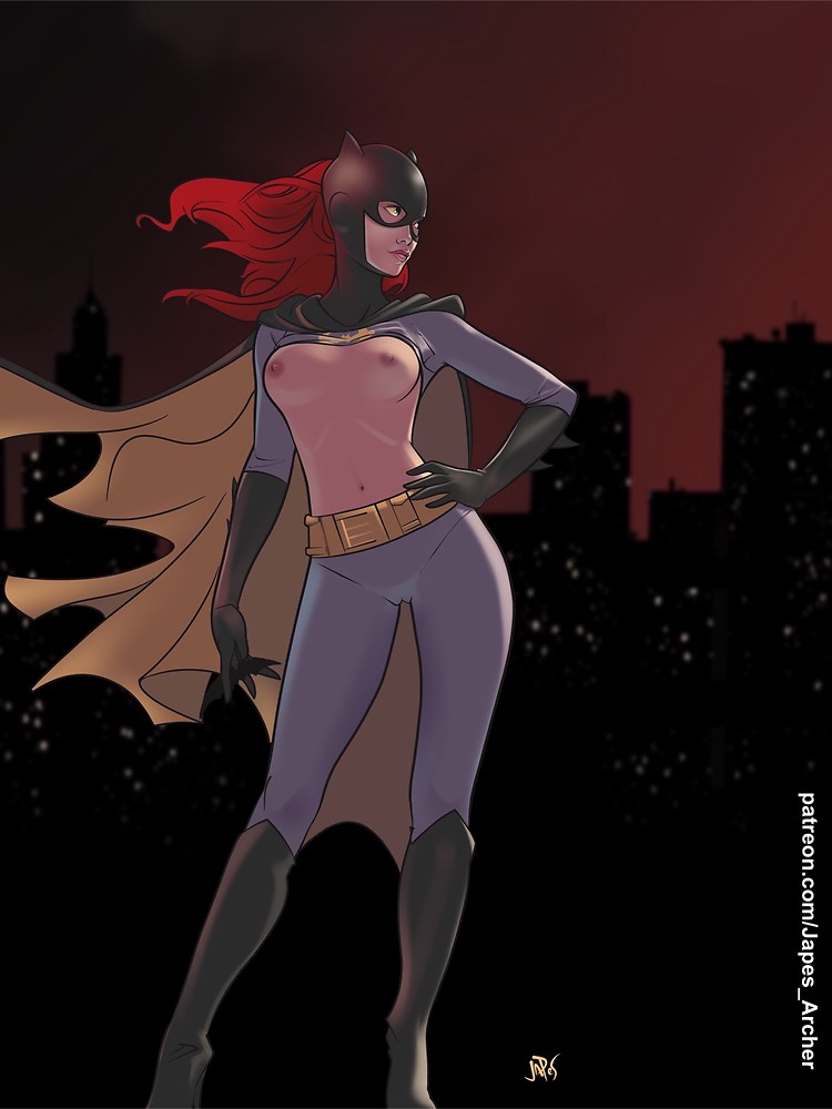 barbara_gordon batgirl batman_(series) bodysuit breasts breasts_out cameltoe dc dc_comics female_focus female_only hand_on_hip japes pinup red_hair shirt_lift