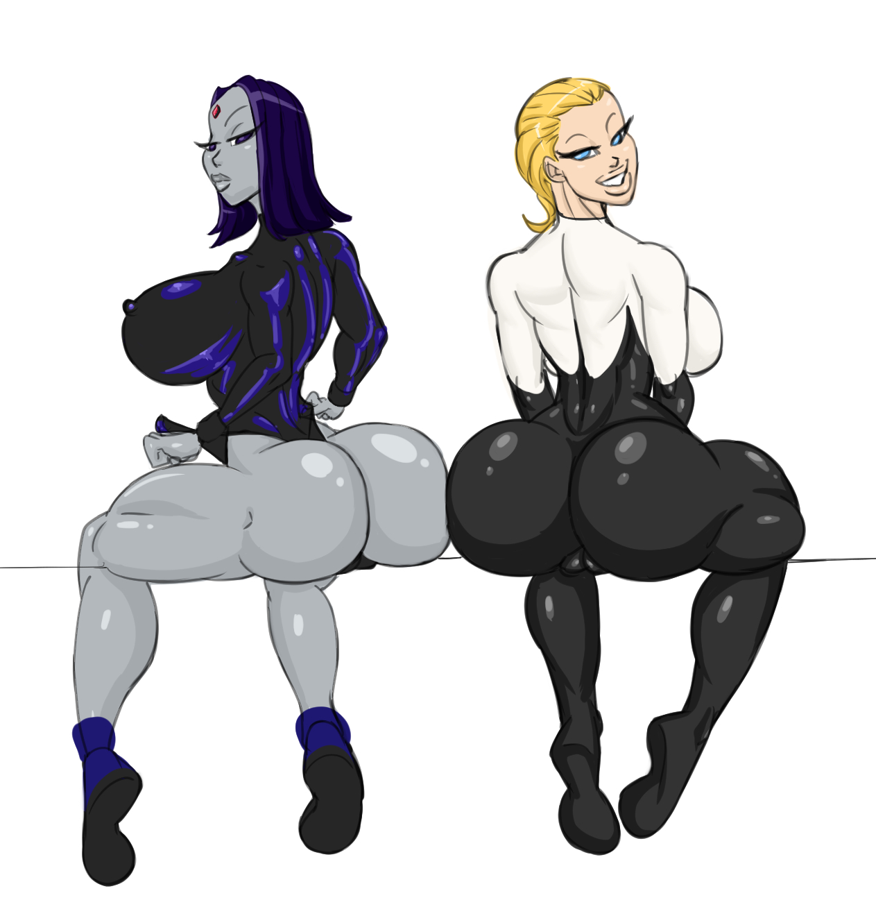2girls, ass, ass crack, back view, bent over, big breasts, bimbo, blonde hair, blue eyes, blue hair, bodysuit, breasts, busty, butt crack, crossover, curvy, dc, dc comics, demon, demon girl, duo, erect nipple, erect nipples, eyelashes, female, female only, forehead jewel, gwen stacy, gwen stacy (spider-verse), hourglass figure, human, humanoid, leotard, looking at viewer, looking back, marvel, marvel comics, multiple females, multiple girls, nipple bulge, nipples, pose, posing, rachel roth, raven (dc), shoes, short hair, sideboob, simple background, sitting, smile, spider-gwen, spider-man (series), spread legs, spreading, sun1sol, superheroine, teen titans, thong, voluptuous, white background, wide hips, yellow hair