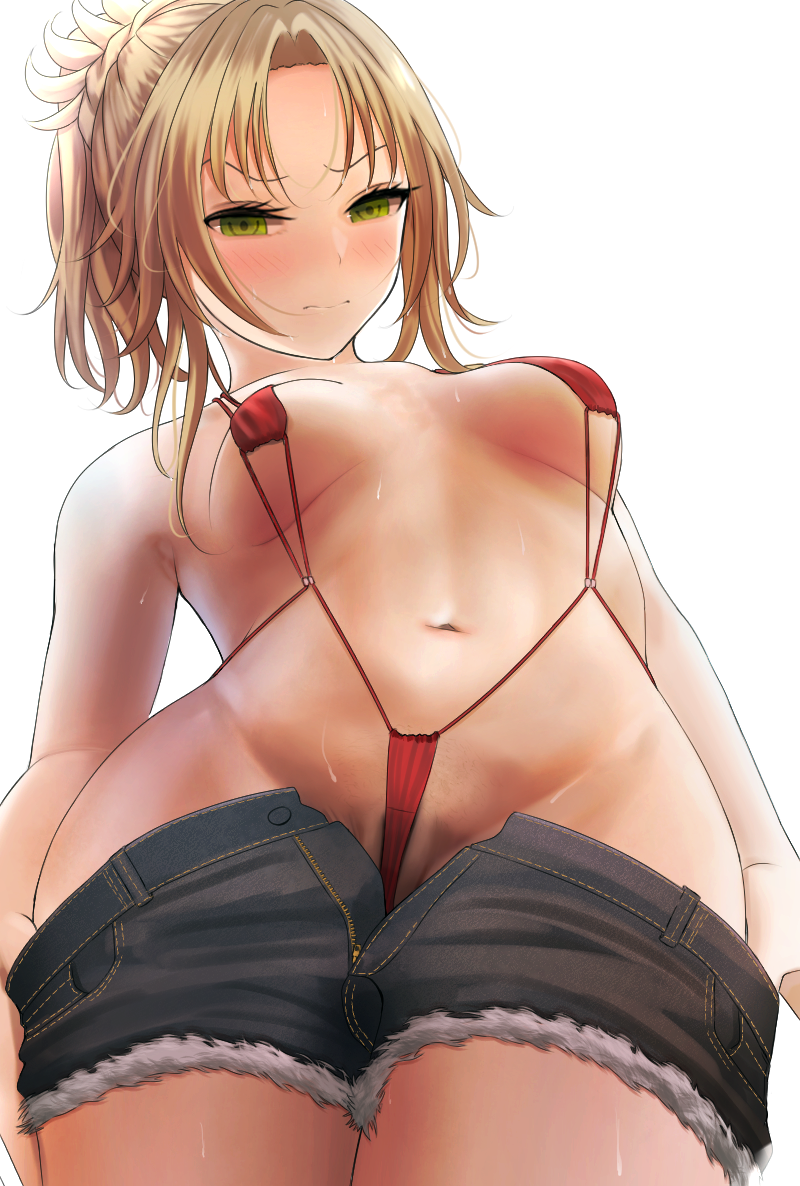 bangs blonde_hair blush braid breasts denim denim_shorts embarrassed fate/apocrypha fate/grand_order fate_(series) female green_eyes groin human long_hair looking_at_viewer medium_breasts mordred_(fate) navel parted_bangs ponytail red_swimsuit shorts simple_background sling_bikini solo sweat swimsuit testame tied_hair unbuttoned unzipped viewed_from_below white_background