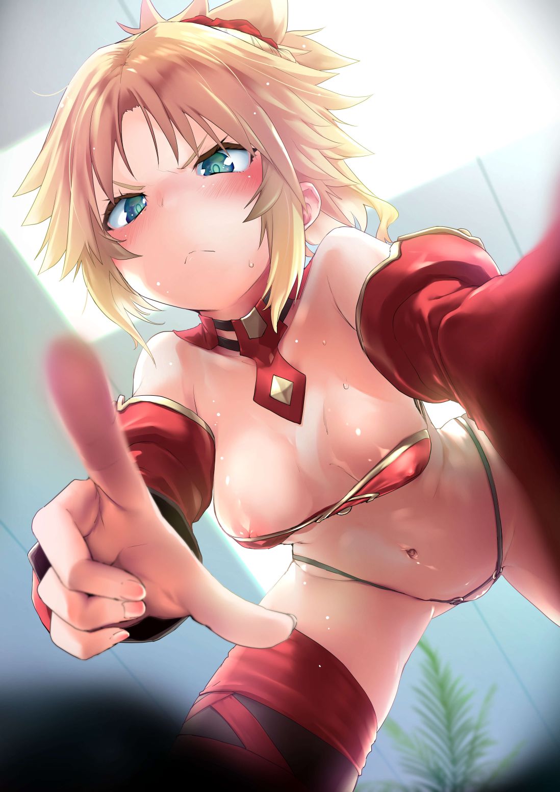 blonde_hair bra braid breasts detached_collar detached_sleeves erect_nipples erect_nipples_under_clothes fate/apocrypha fate/grand_order fate_(series) female french_braid green_eyes hair_ornament hair_scrunchie high_resolution indoors looking_at_viewer mordred_(fate) mozu_(peth) navel nipple_slip nipples pantsu pointing pointing_at_viewer ponytail red_bra red_hair_ornament red_panties red_scrunchie revealing_clothes scrunchie sidelocks small_breasts solo solo_female strapless strapless_bra thighhighs tied_hair underwear viewed_from_below