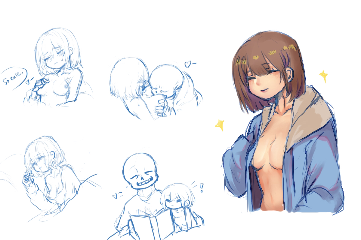 book, breast grab, breast sucking, breasts, closed eyes, female, female frisk, female human, frisk, human, male, male/female, naked, nude, sans, skeleton, straight, teenager, text, undertale, young
