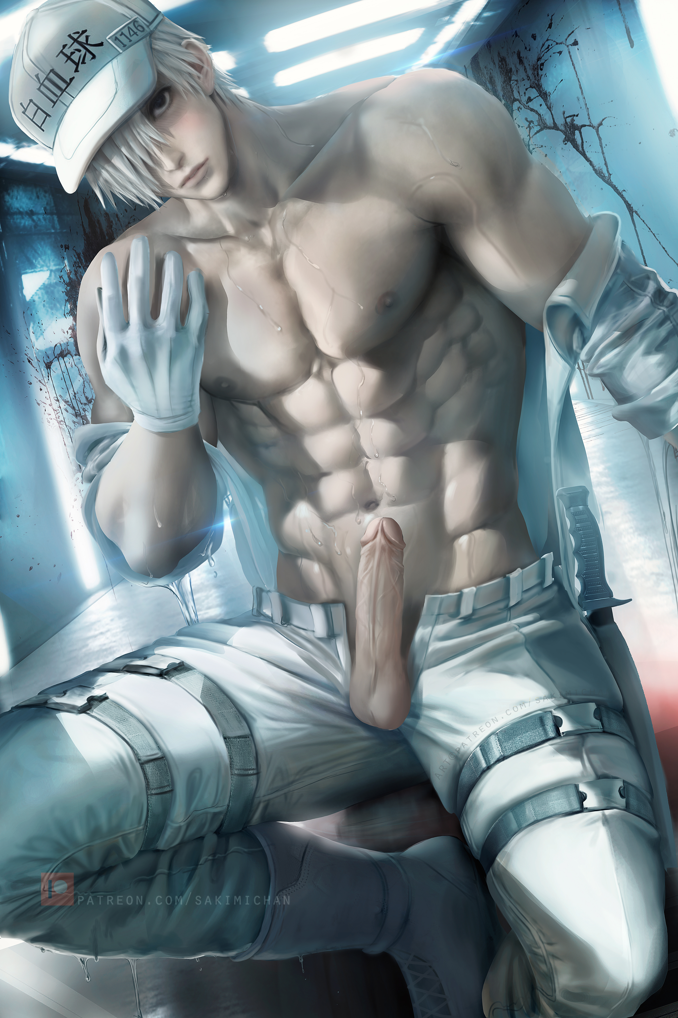 black eyes, dick, hataraku saibou, male, male only, nude, penis, sakimichan, u-1146, white blood cell (hataraku saibou), white hair