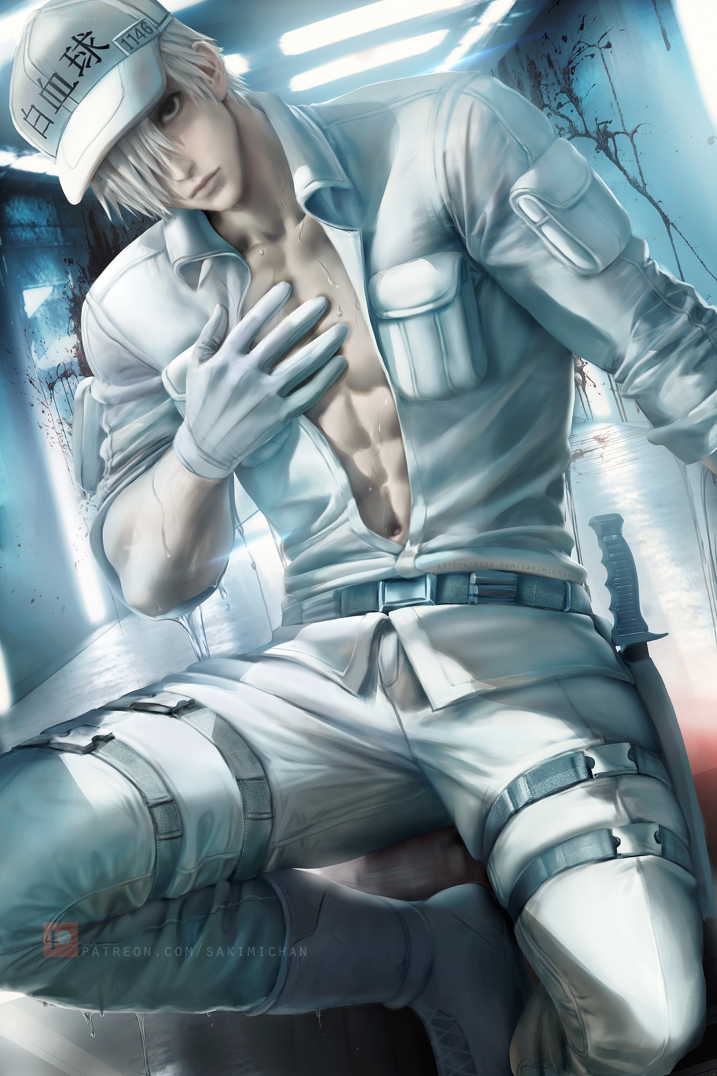 black eyes, blood, hataraku saibou, male, male only, sakimichan, u-1146, white blood cell (hataraku saibou), white hair