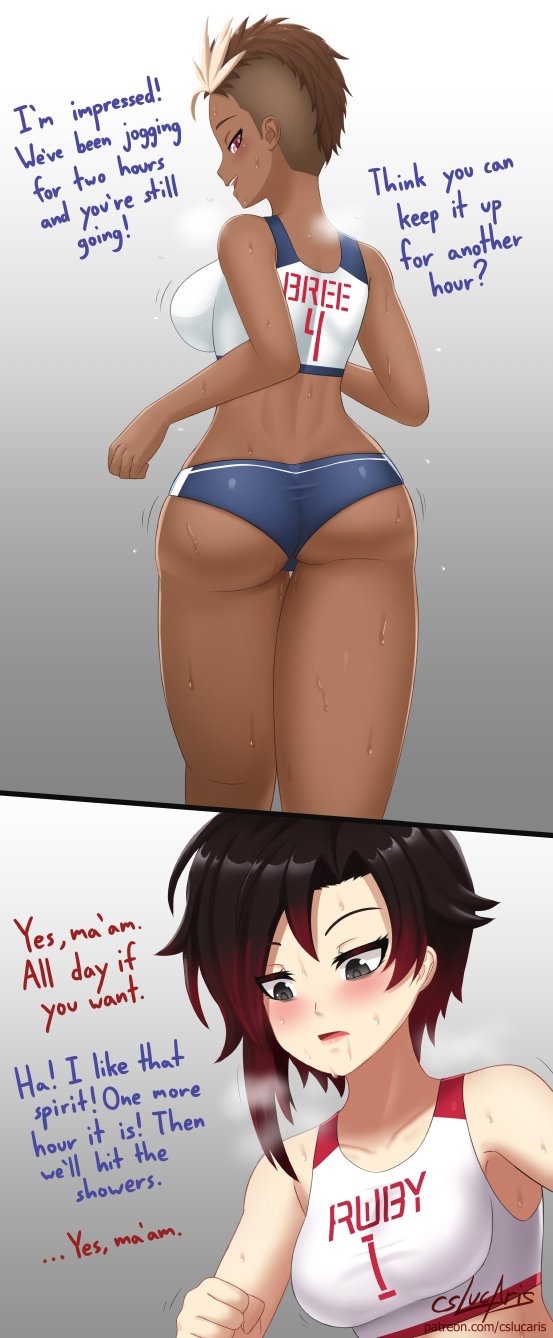 2girls, alternate version available, ass, cslucaris, dark skin, dark-skinned female, english text, female, female only, gym uniform, harriet bree, imminent sex, imminent yuri, multiple girls, ruby rose, rwby, text, yuri