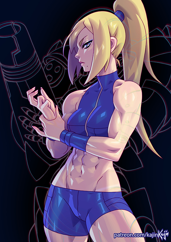 1girls, abs, armor, bare midriff, beauty mark, biceps, blonde hair, breasts, casual outfit (metroid), cleavage, clothed, clothed female, clothes, clothing, eyelashes, eyeliner, female, female only, female protagonist, fit, fully clothed, halterneck, kajinman, lipstick, long hair, looking at viewer, makeup, medium breasts, metroid, midriff, midriff baring shirt, mole, muscles, muscular, muscular arms, muscular female, nintendo, ponytail, samus aran, sci-fi, science fiction, scifi, shorts, solo, sports bra, tight clothing, varia suit, x-ray, zero suit, zero suit samus