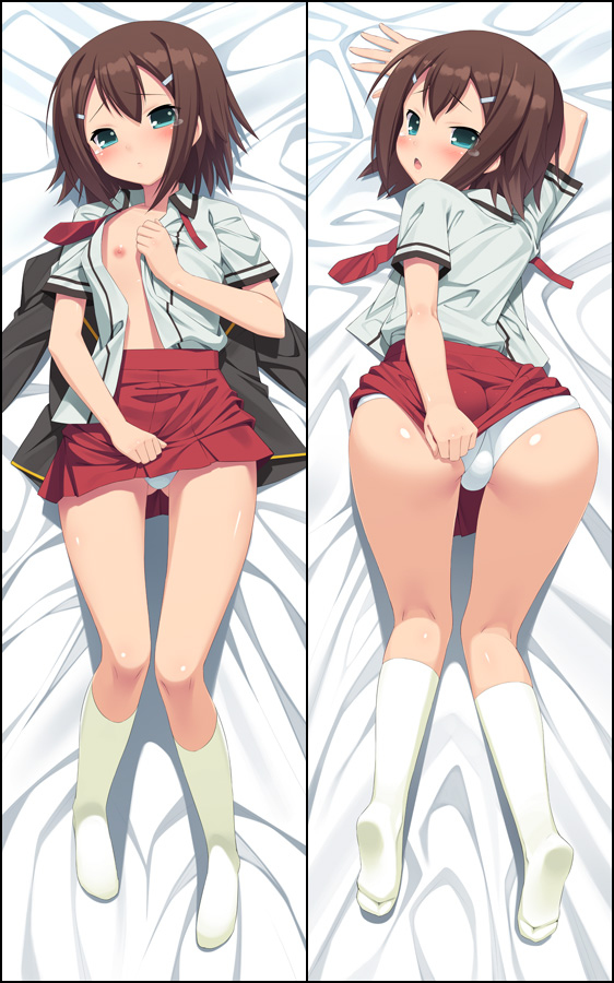 1boy ass baka_to_test_to_shoukanjuu blush brown_hair bulge crossdressing dakimakura femboy girly kinoshita_hideyoshi knee_socks kneehighs kneesocks looking_at_viewer looking_back male male_only nipples open_mouth open_shirt panties short_hair skirt socks tears trap white_socks