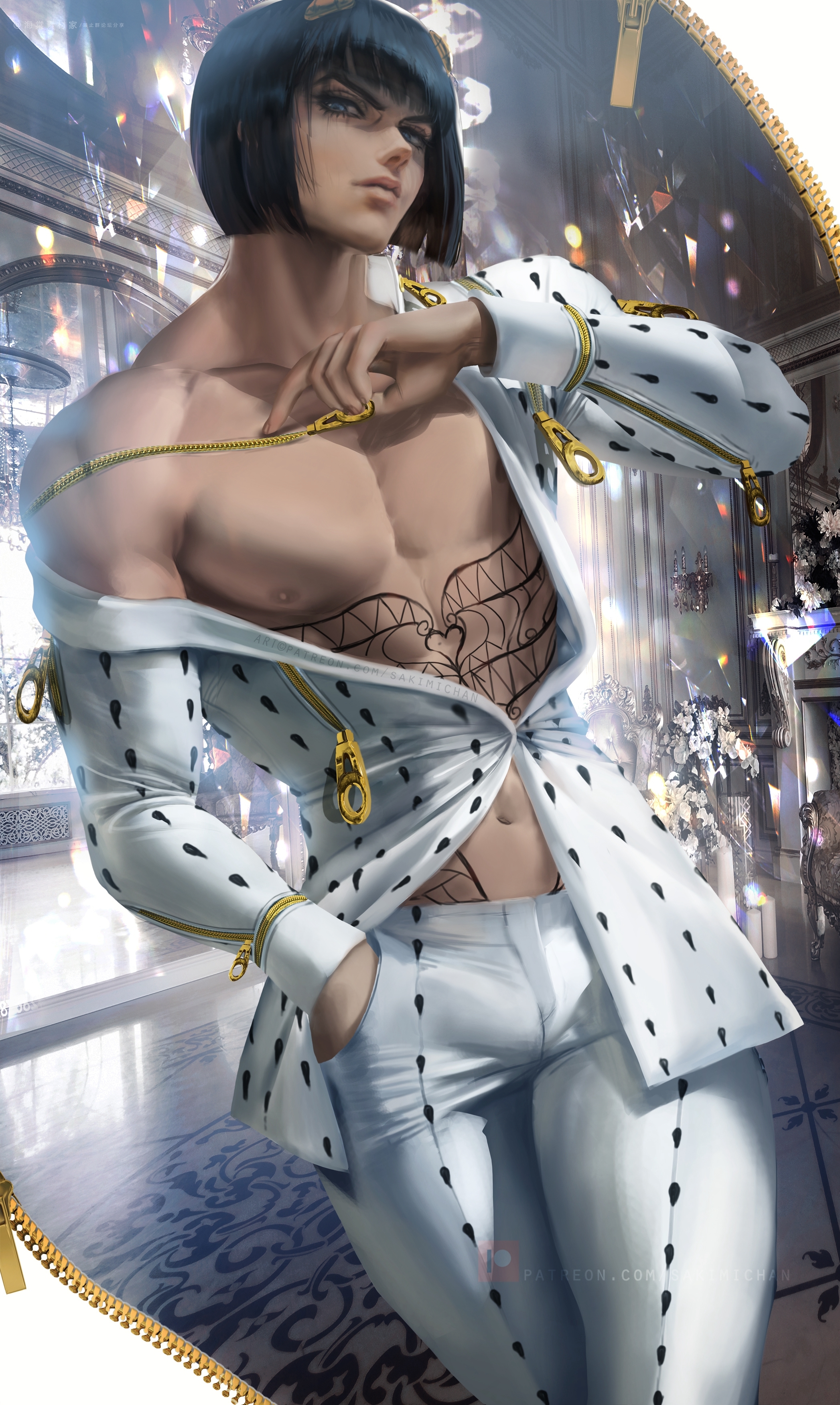 black hair, blue eyes, bob cut, bruno buccellati, bulge, female, hand in pocket, jojo's bizarre adventure, long eyelashes, looking at viewer, male, male only, milf, muscular, muscular male, open shirt, sakimichan, short hair, smirk, solo, tattoo, vento aureo, zipper