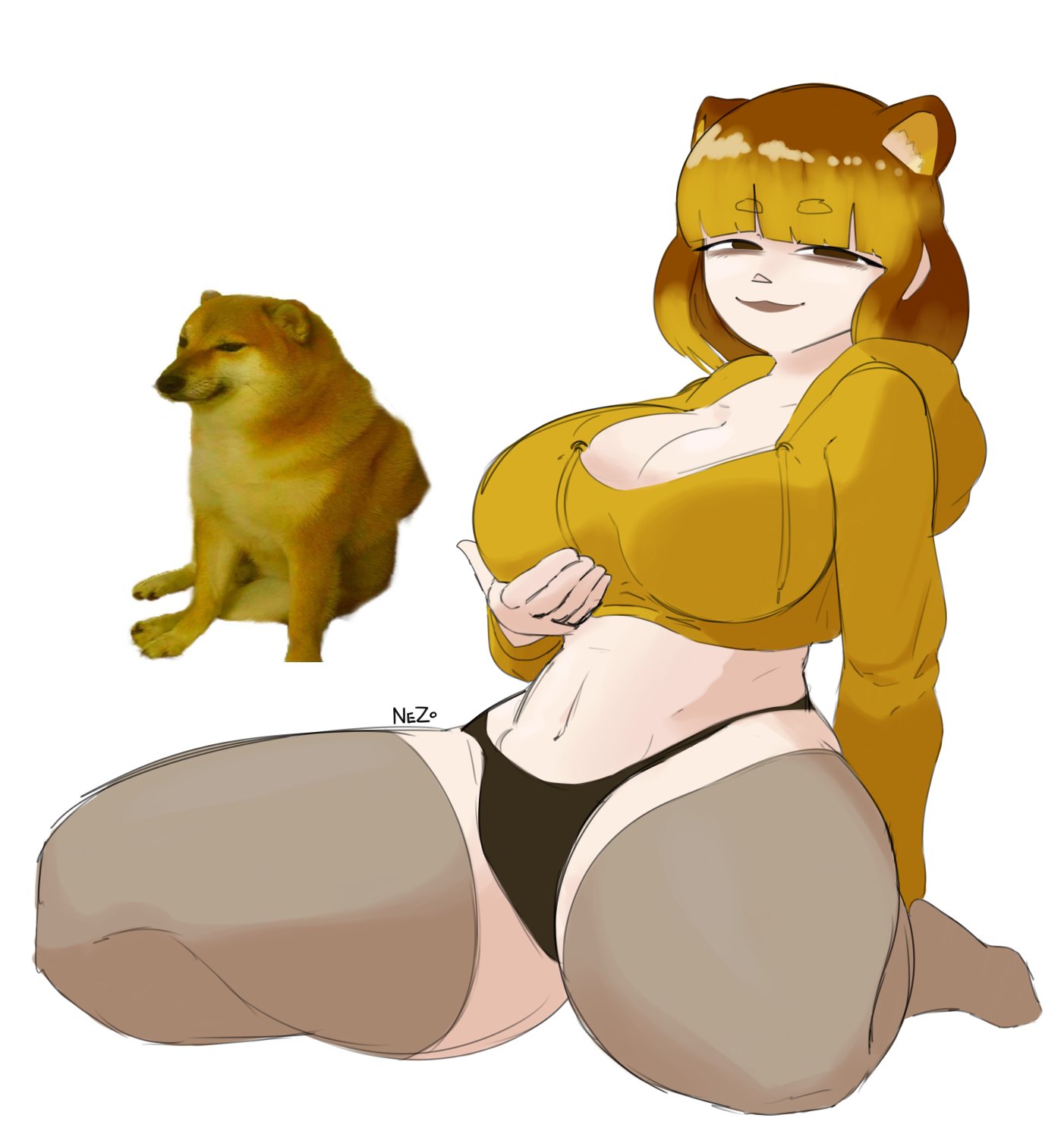 1girls, alternate species, ass, big ass, big breasts, breasts, cheems, cleavage, clothed, dog, dog ears, female, hand on breast, humanized, large breasts, meme, nezulet, panties, r/dogelore, rule 63, self fondle, stockings, thick thighs