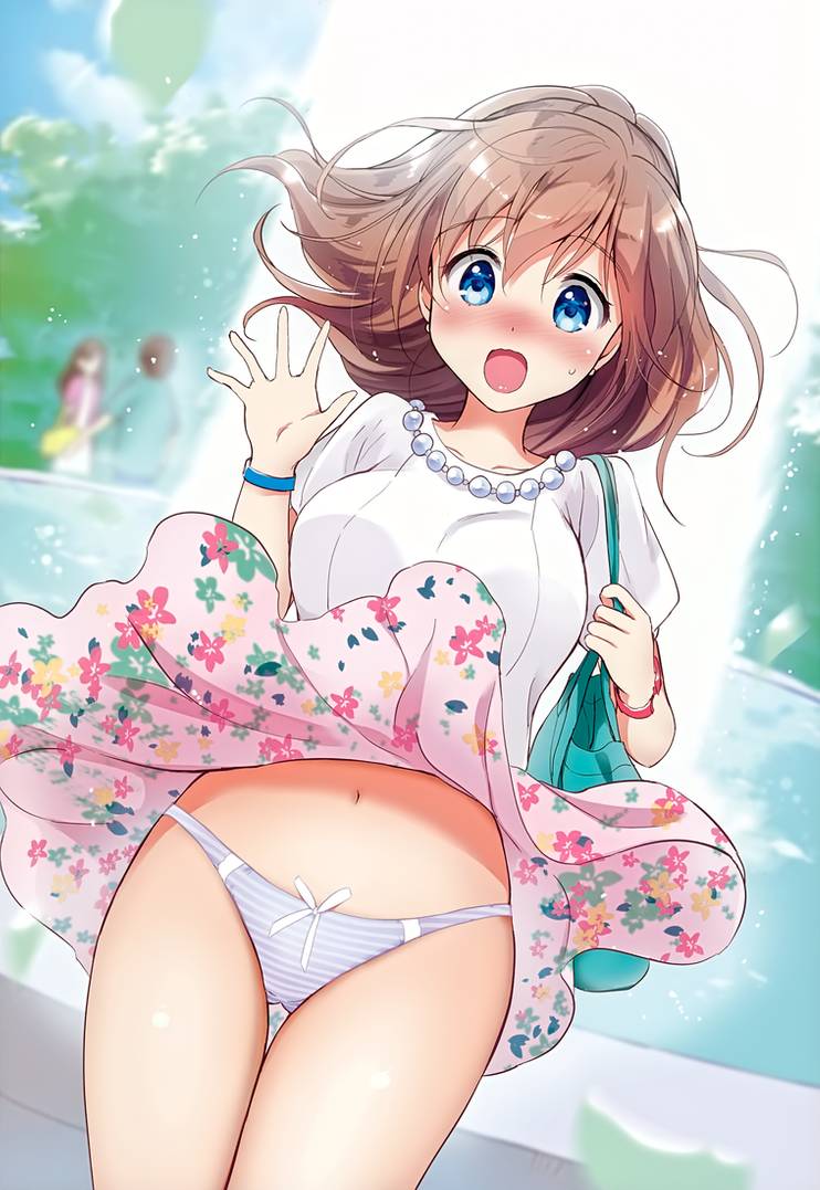 belly belly_button blue_eyes blush brown_hair female fountain kurimomo original panties skirt smile striped_panties tsukako waving wind_lift