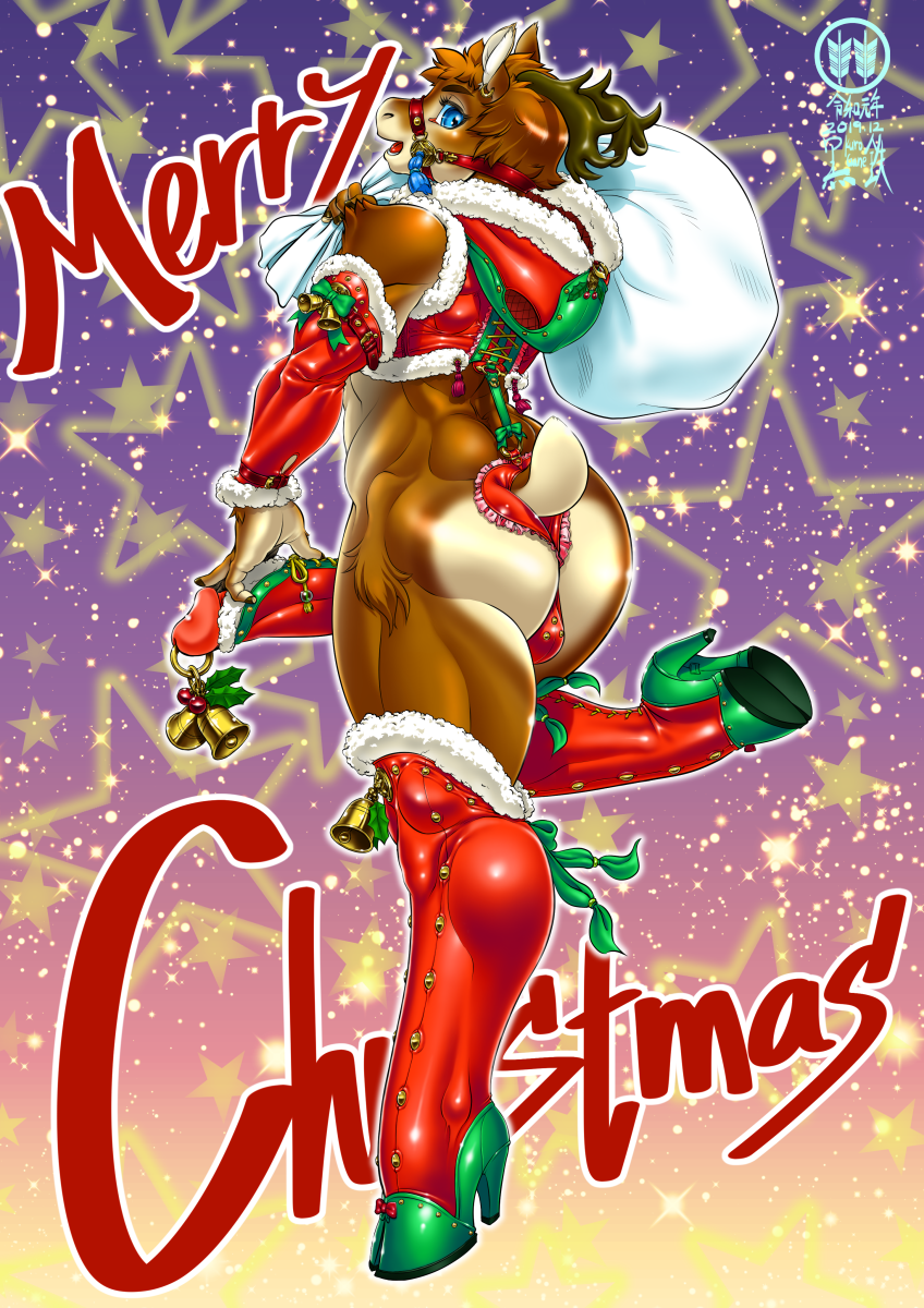 2019 abstract_background anthro antlers arm_warmers armwear bell big_penis blue_eyes boots bottomless bridle capreoline cervid christmas clothed clothing cloven_hooves cock_sock crossdressing ear_piercing ear_ring eyelashes fingers footwear genital_piercing high_heeled_boots high_heels holidays holly_(plant) hooved_fingers hooves horn kuro-gane legwear looking_at_viewer looking_down male male_only mammal muscular muscular_male partially_clothed penis penis_clothing penis_piercing piercing plant reindeer sexy_santa shoes smile socks solo thigh_boots thigh_highs