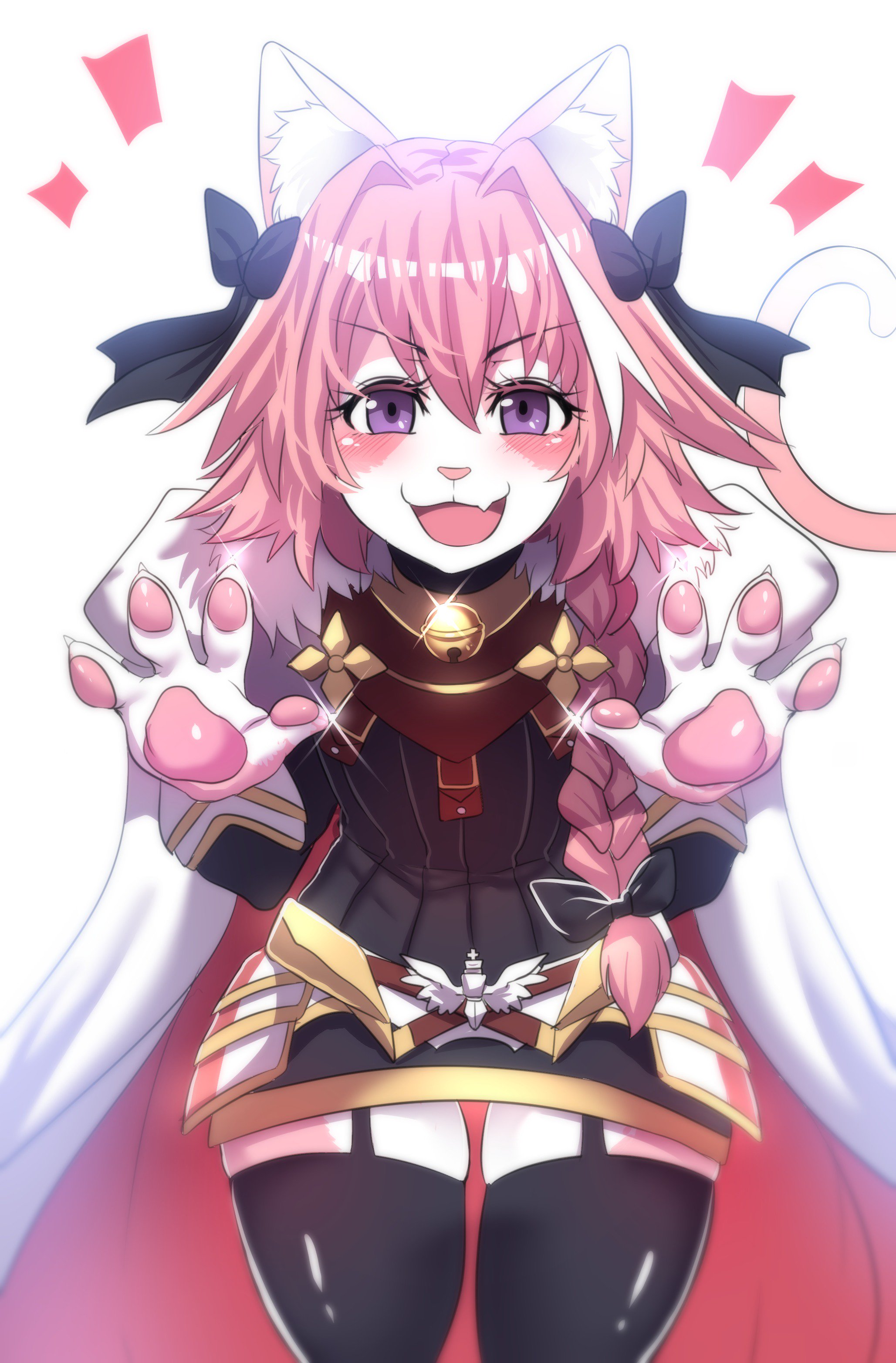 :3, animal ear fluff, anthro, astolfo (fate), claw pose, fangs, fate (series), feline, furry, hinghoi, male, male only, open mouth, pink hair, thick thighs