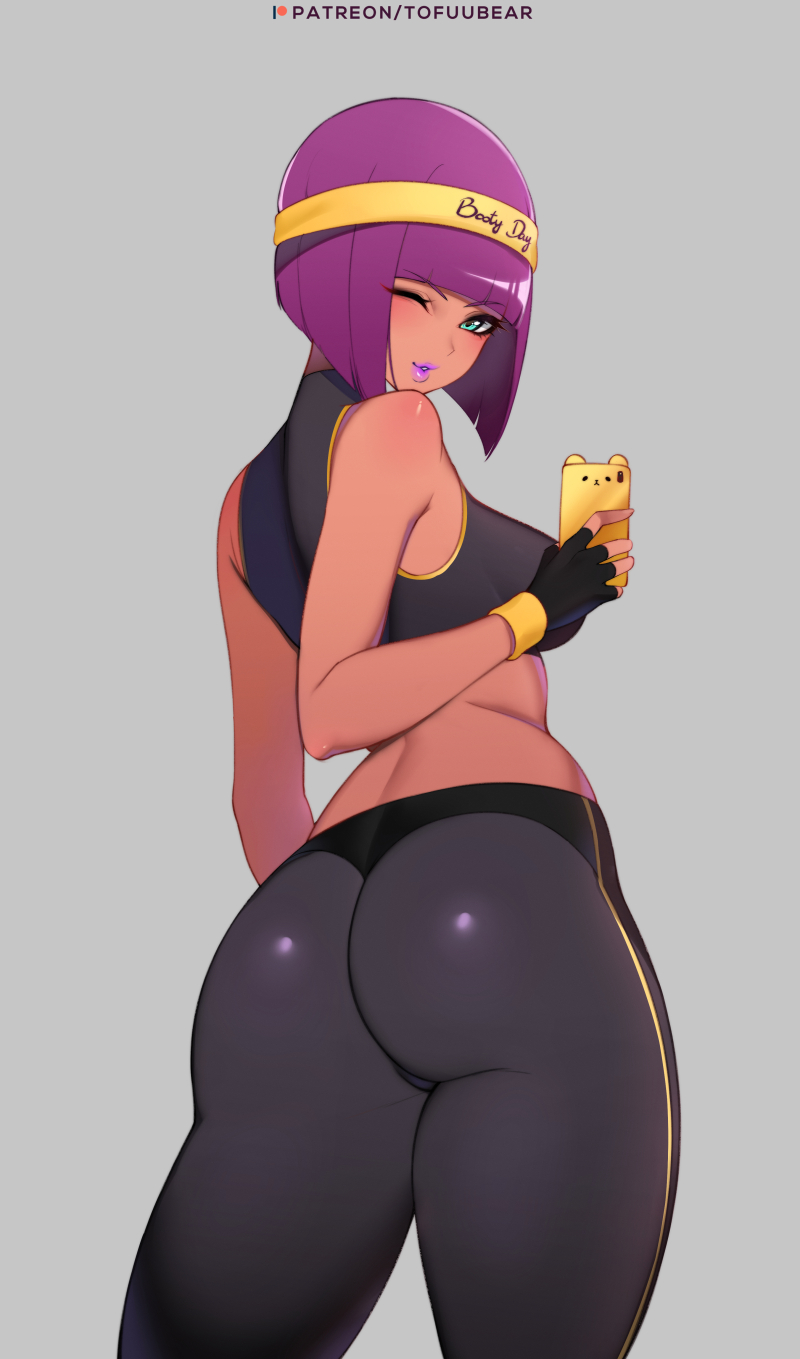 1girls, ass, big ass, bob cut, dark skin, dark-skinned female, egyptian, female, female only, lipstick, looking at viewer, looking back, menat (street fighter), phone, selfie, solo, street fighter, tofuubear, yoga pants